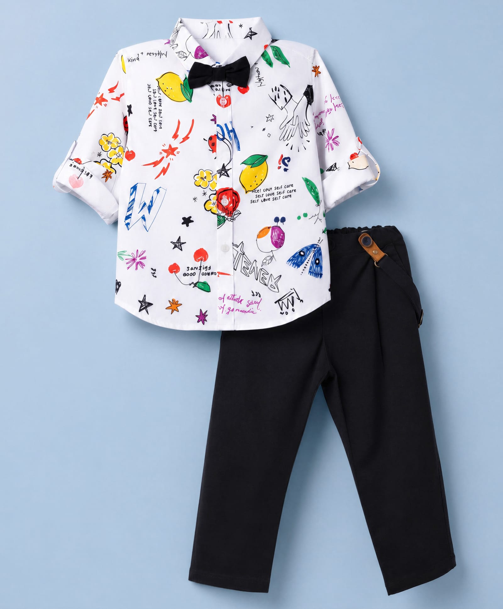 ToffyHouse Poplin Woven Full Sleeves Floral & Lemon Printed Shirt & Pant Set with Bow & Suspender - Black-picture-18