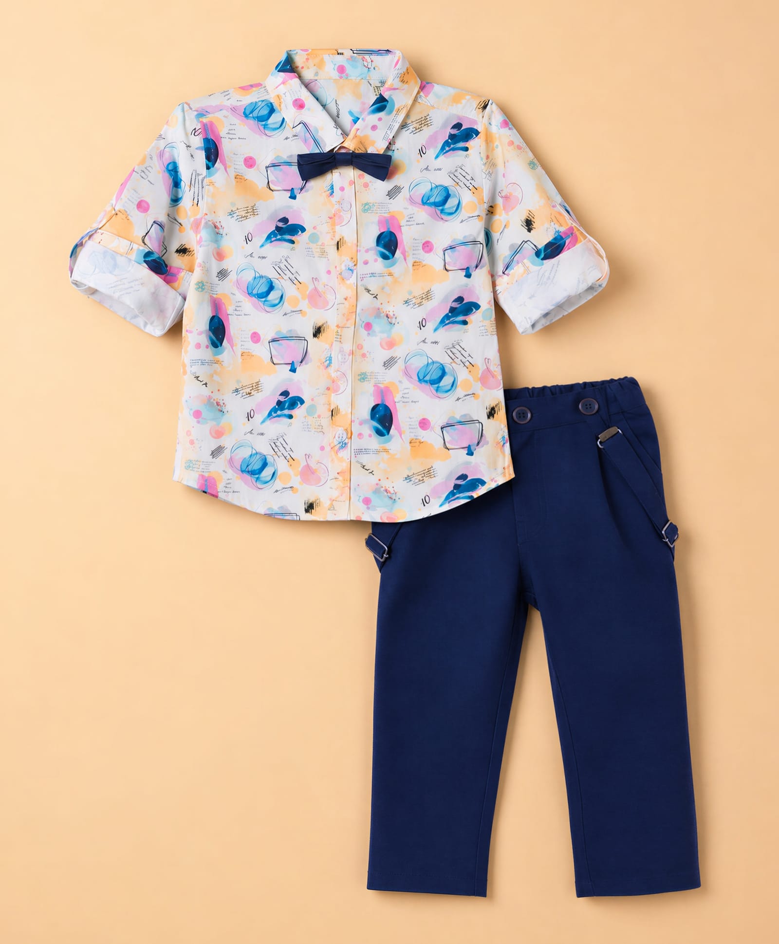 ToffyHouse Poplin Woven Full Sleeves Abstract Printed Shirt & Pant Set with Bow & Suspender - Navy Blue-picture-20