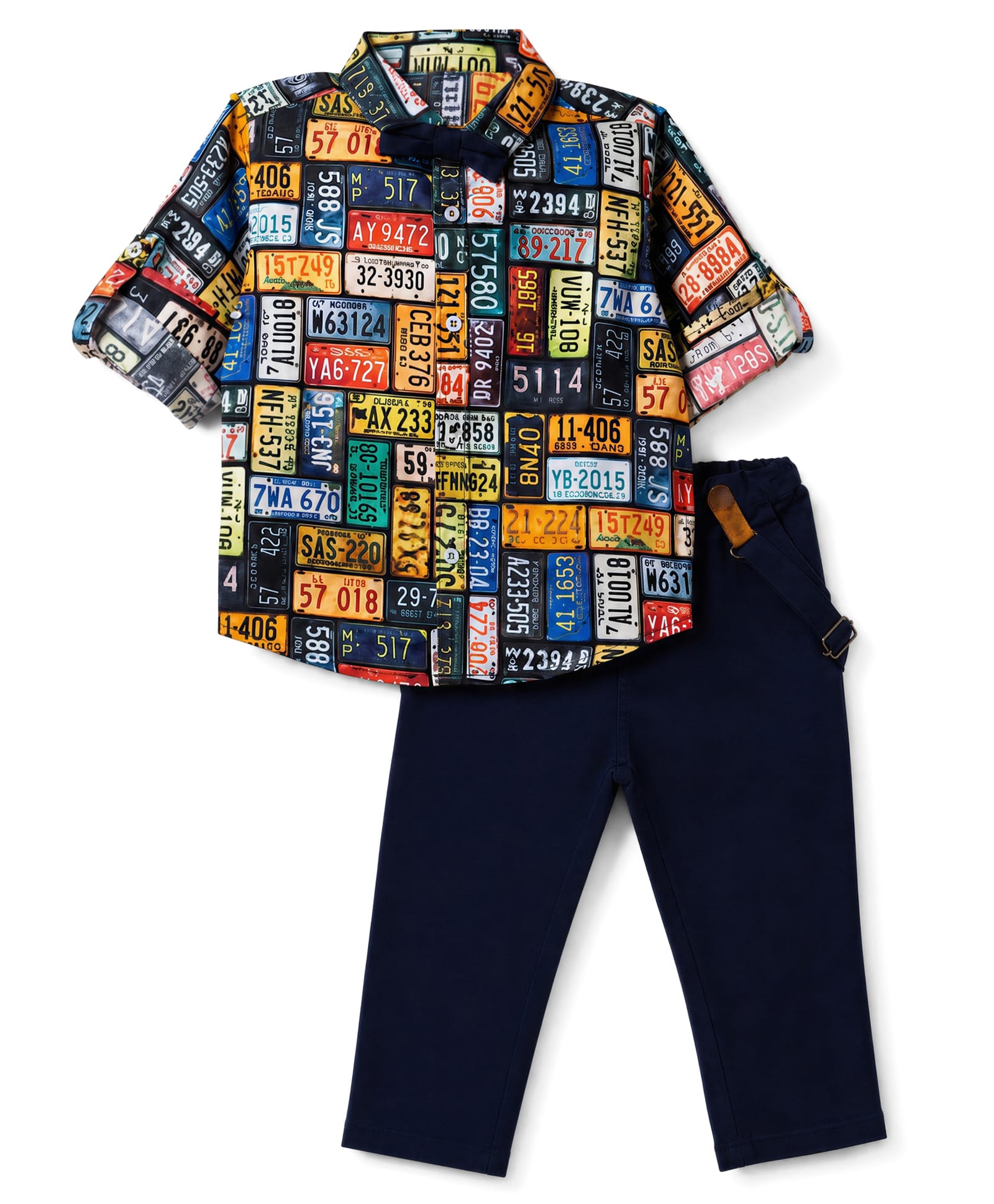 ToffyHouse Poplin Woven Full Sleeves Ticket Printed Shirt & Pant Set with Bow & Suspender - Navy Blue-picture-18