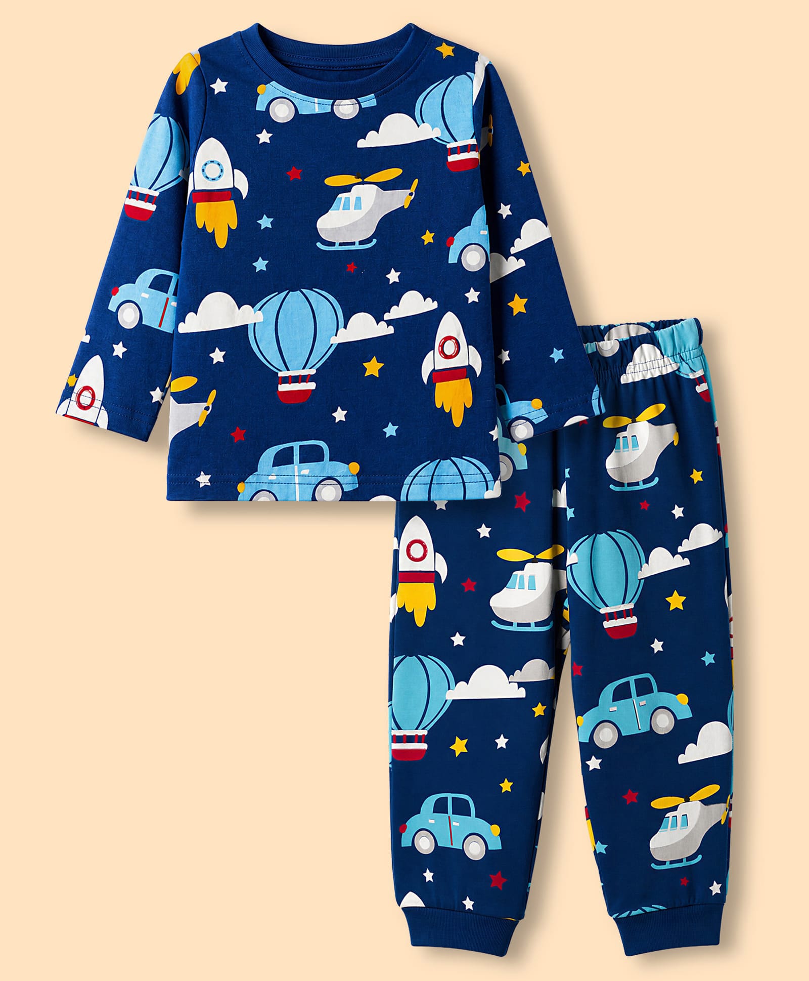 Babyhug Cotton Knit Full Sleeves Co-Ords T-Shirt & Pyjama Night Suit with Vehicle Print - Blue-picture-5