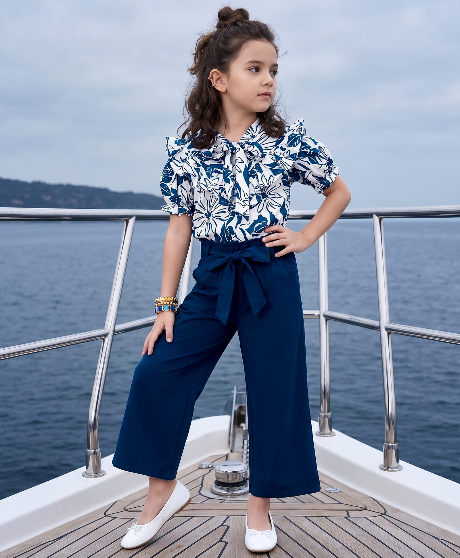OLLINGTON ST. Set Of Cotton Woven Half Sleeve Floral Printed Shirt Top & Pant - Multicolour & Teal-image-35