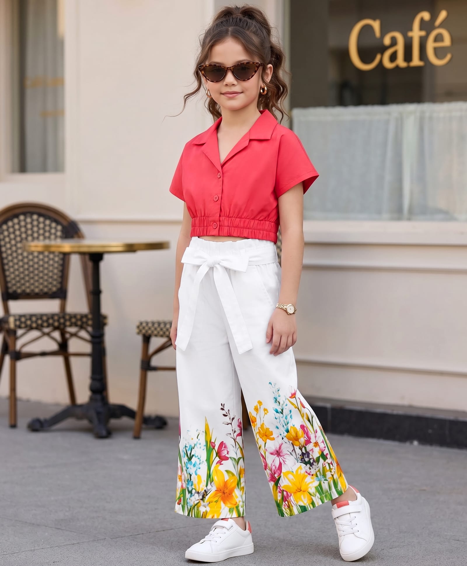 Ollington St. Cotton Woven Half Sleeves Shirt Top & Floral Printed Culottes - Dark Pink & White-image-48