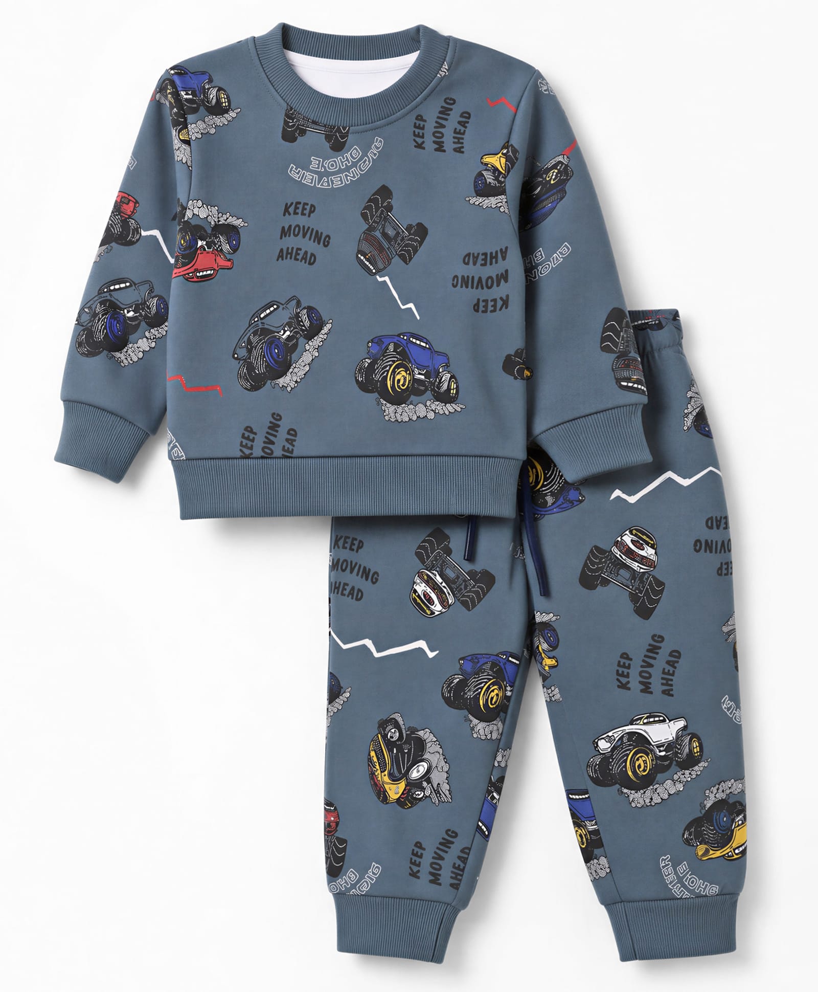 Smarty Boys Fleece Knit Full Sleeves Winter Wear Co-Ords Suit With Text & Vehicle Print - Teal Blue-image-23