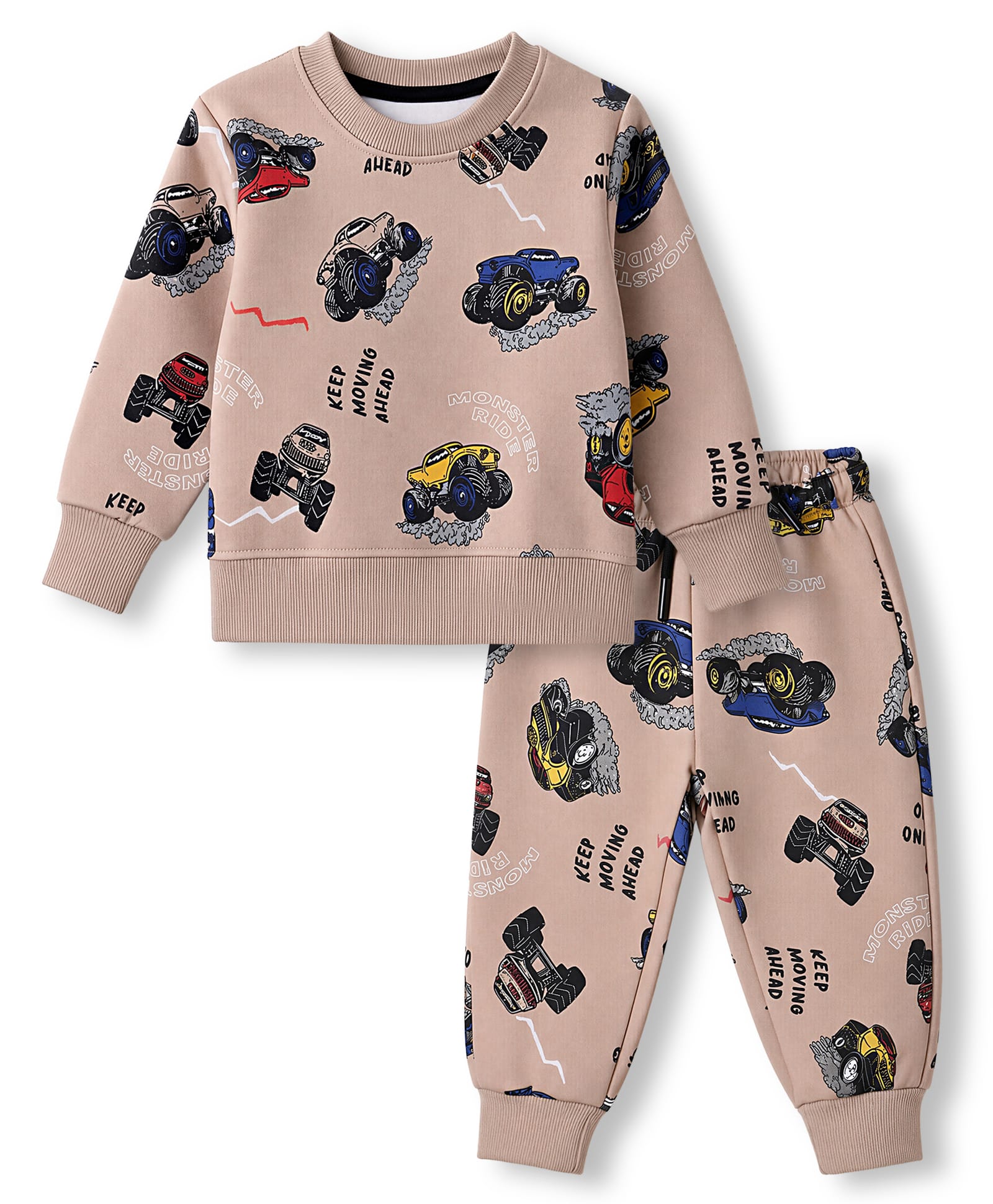 Smarty Boys Fleece Knit Full Sleeves Winter Wear Suit With Vehicle & Text Print - Beige-picture-0