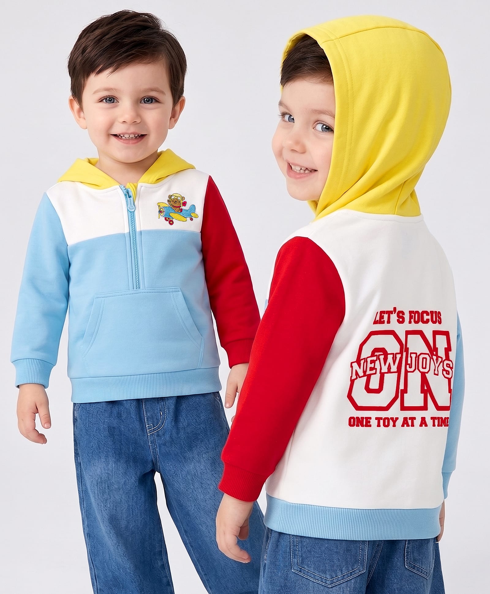 Babyoye Knit 100% Cotton Heavy Guage 3 Thread Brushed Fleece 310GSM Brushed Fleece Sweat Shirt with Full Sleeves and Airplane Embroidery & Text Print - White-picture-14