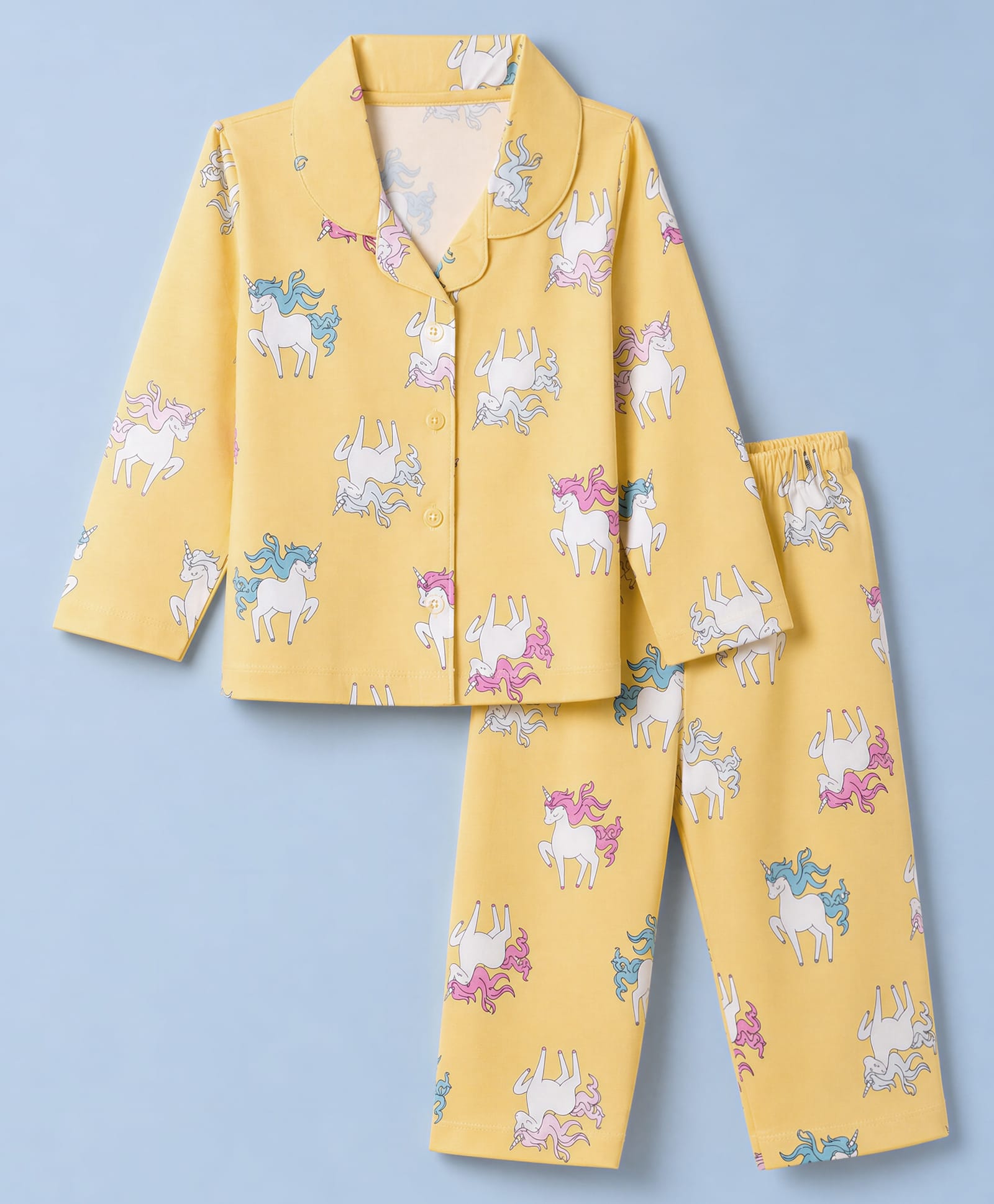 Smarty Girls Sinker Knit Full Sleeves Co-Ords Shirt & Pyjama Night Suit with Unicorn Print - Lemon-picture-15