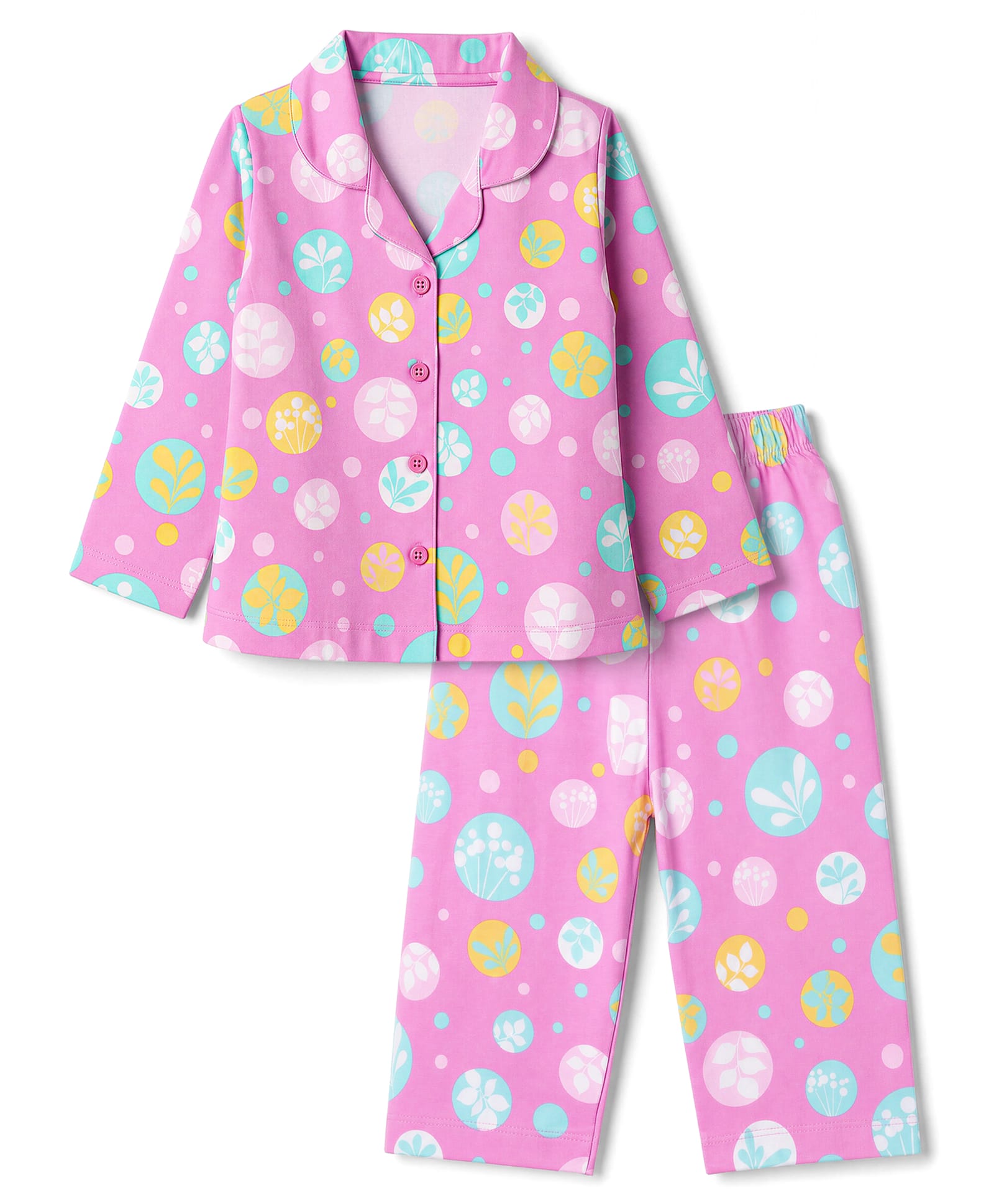 Smarty Girls Sinker Knit Full Sleeves Co-Ords Shirt & Pyjama Night Suit with Polka Dots & Tropical Print - Pink-picture-11