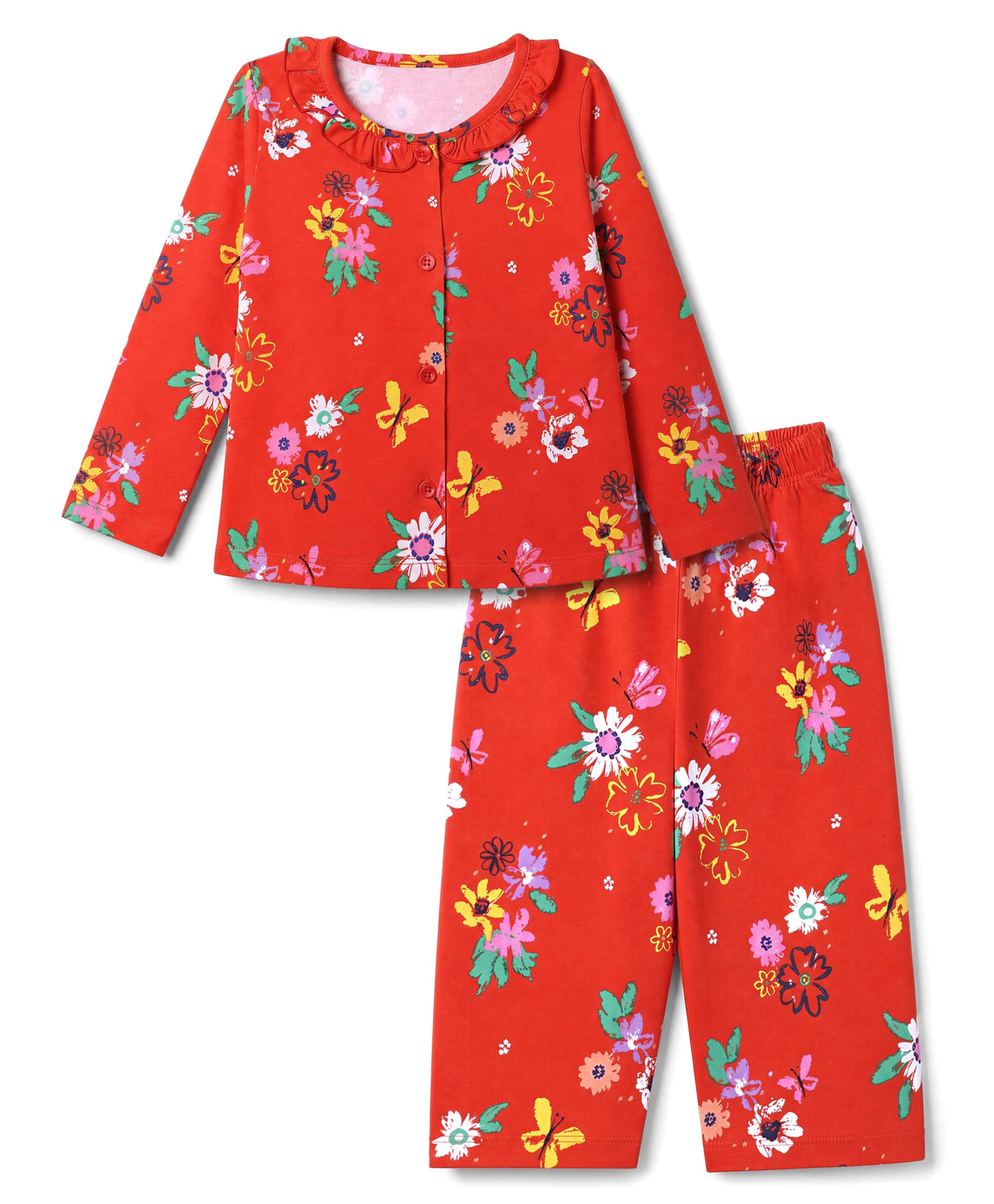 Smarty Girls Sinker Knit Full Sleeves Co-Ords T-Shirt & Pyjama Night Suit with Floral Print - Red-picture-23