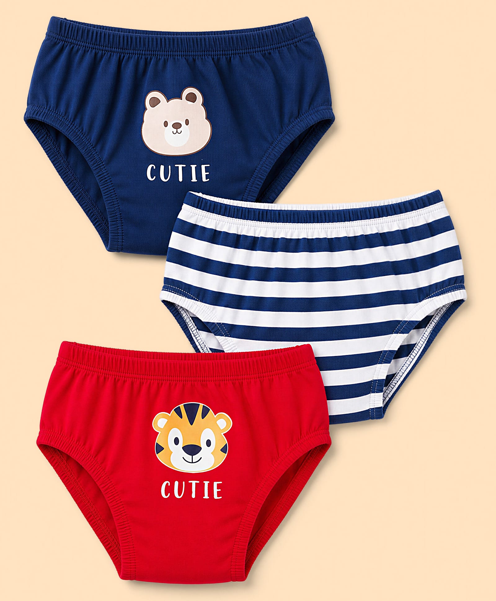 Doodle Poodle 100% Cotton Single Jersey Knit Striped Briefs with Cub Face Print Pack of 3- Red & Navy-picture-28