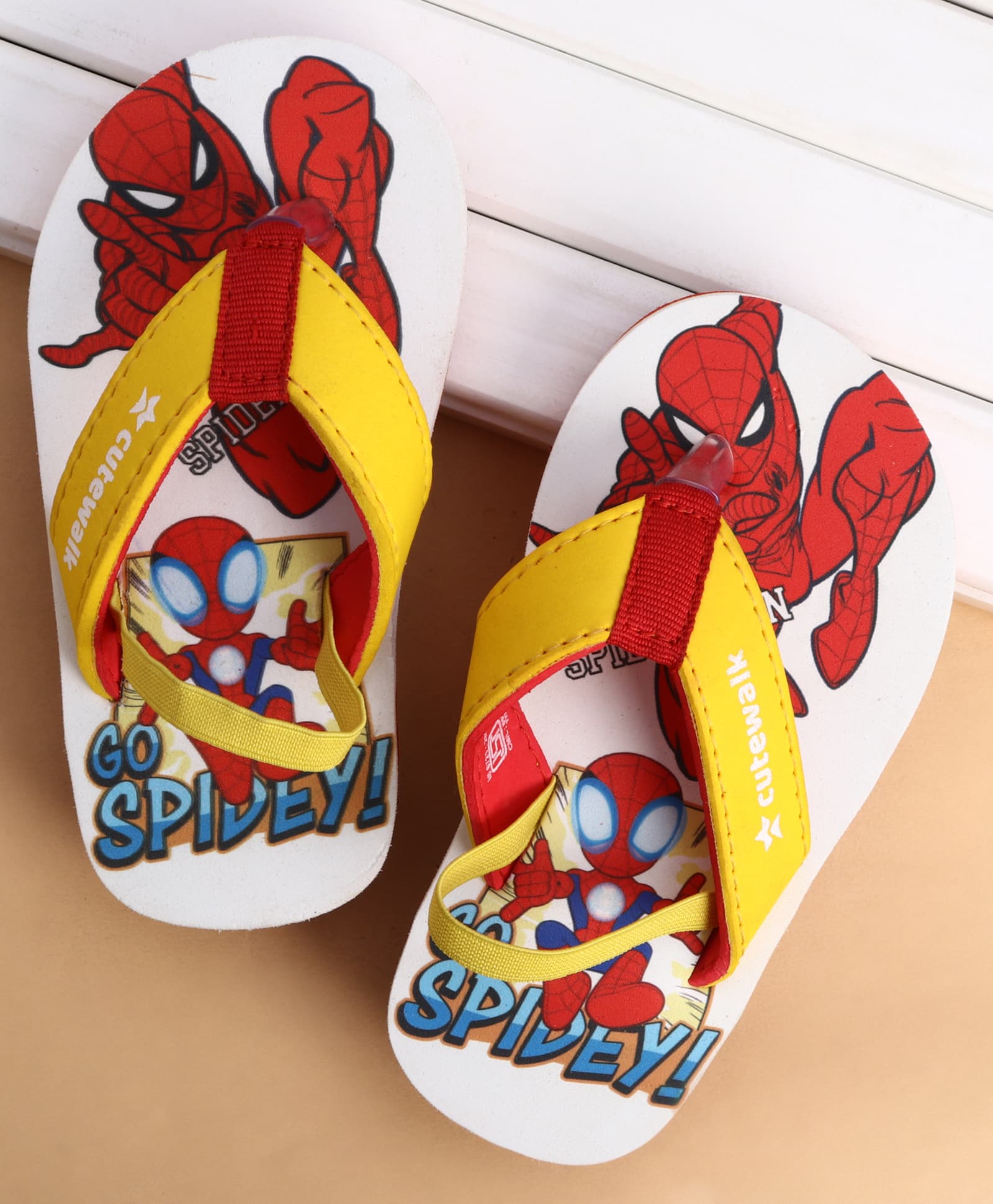 Cute Walk by Babyhug Marvel Slip On Flip Flops with Spider Man Print - White & Red-picture-28