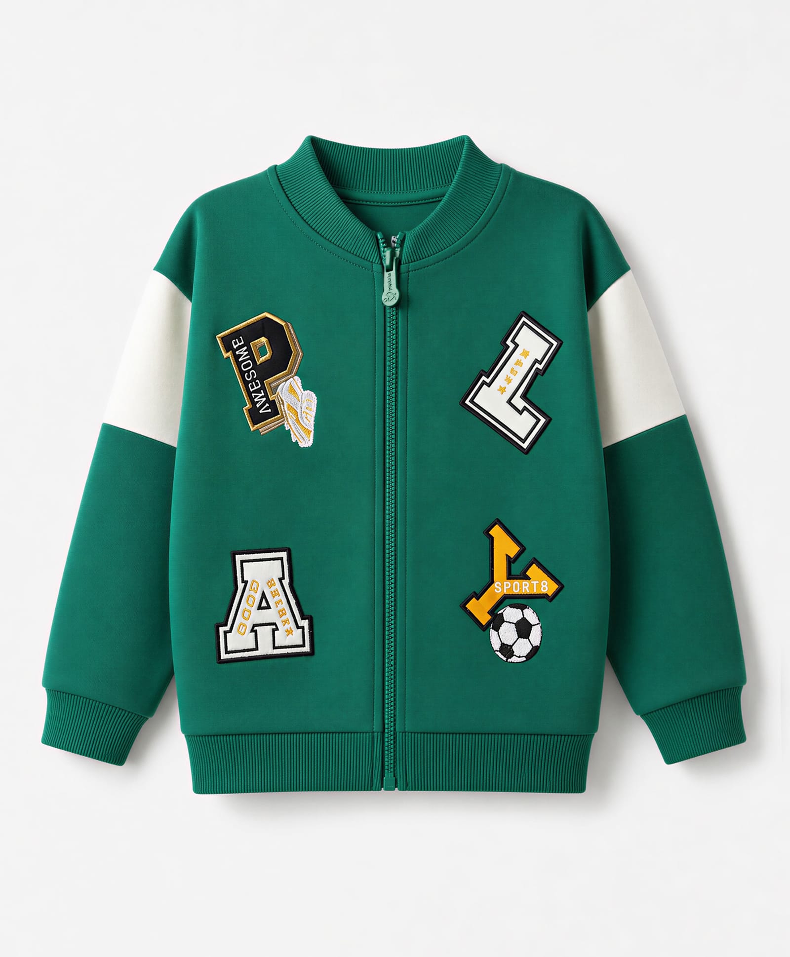 Babyoye 100% Cotton Heavy Guage 3 Thread Brushed Fleece Knit Bomber Jacket with Full Sleeves and Varsity Print - Green-image-23