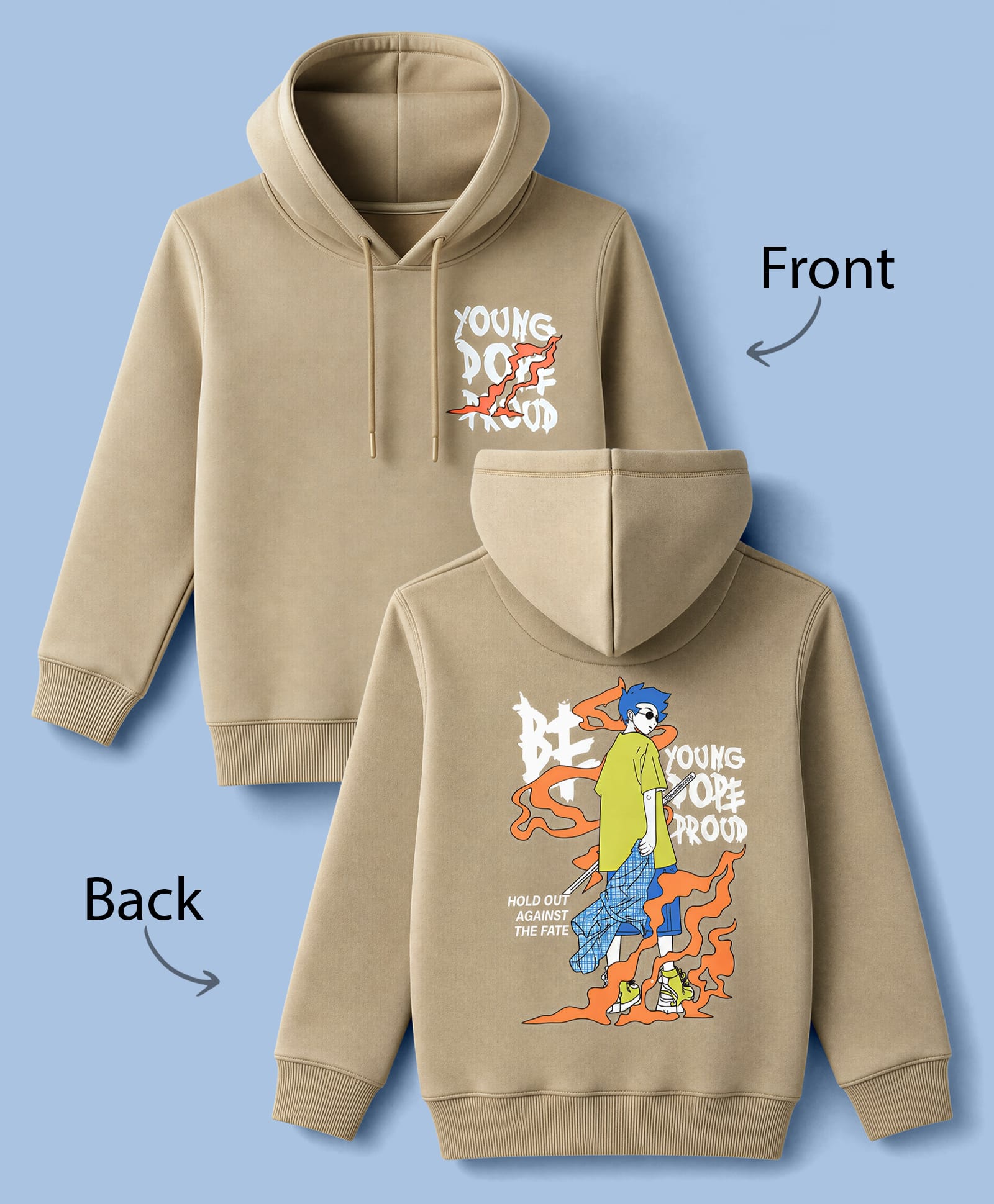 Doreme Fleece Knit Full Sleeves Text Printed Hooded Sweatshirt - Beige-image-23