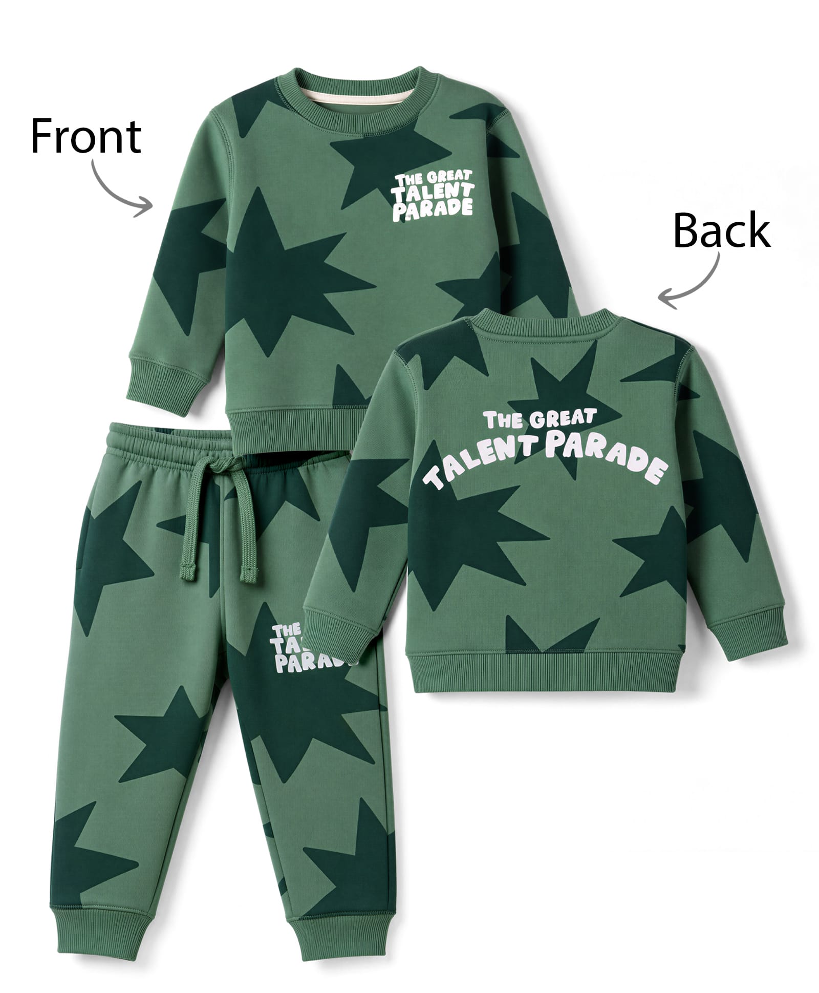 Doreme Fleece Knitted Full Sleeves Winter Wear T-Shirt & Joggers Set with Front & Back Text & Star Print - Green-picture-37
