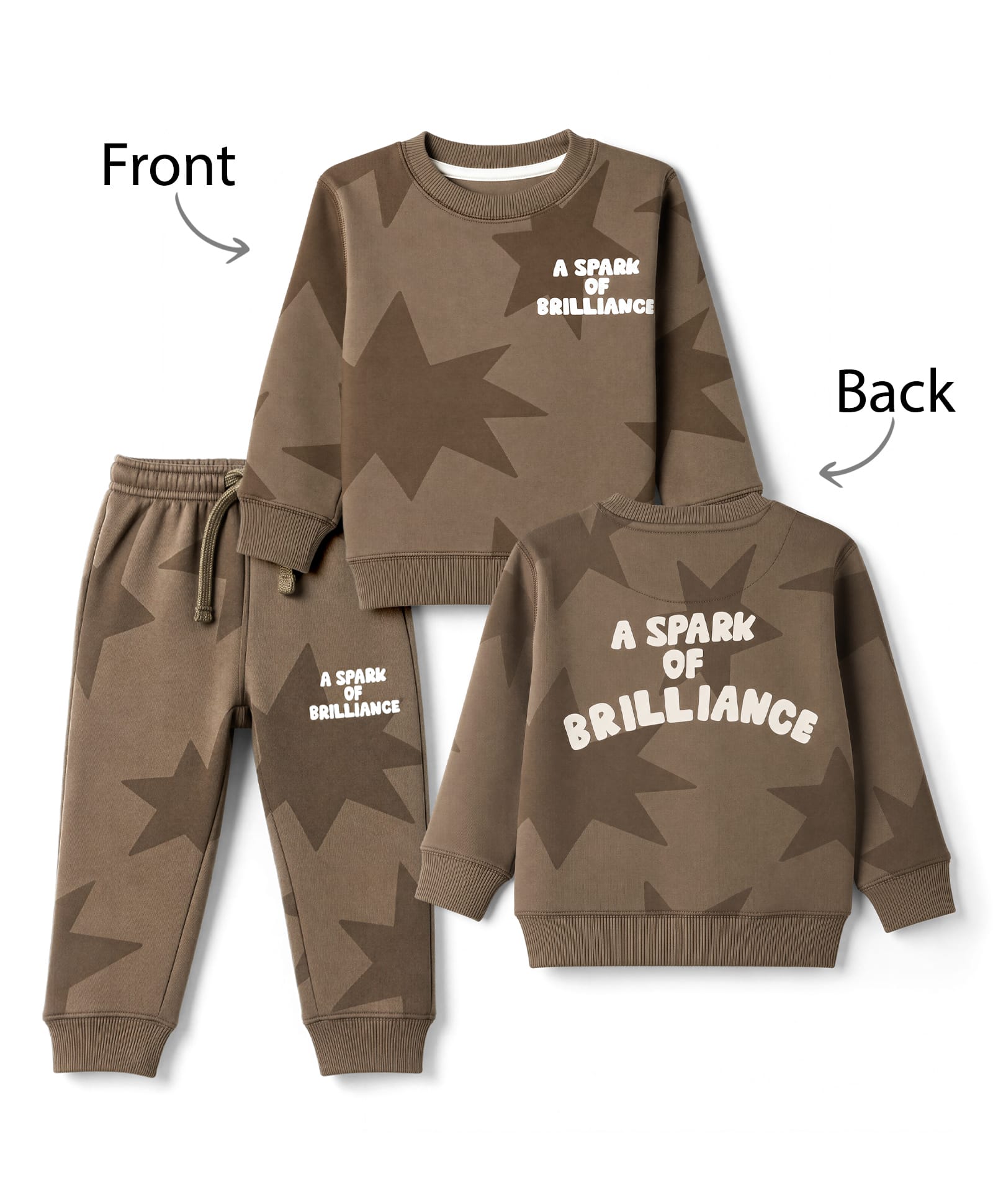Doreme Fleece Knitted Full Sleeves Winter Wear T-Shirt & Joggers Set with Front & Back Text & Star Print - Brown-picture-26