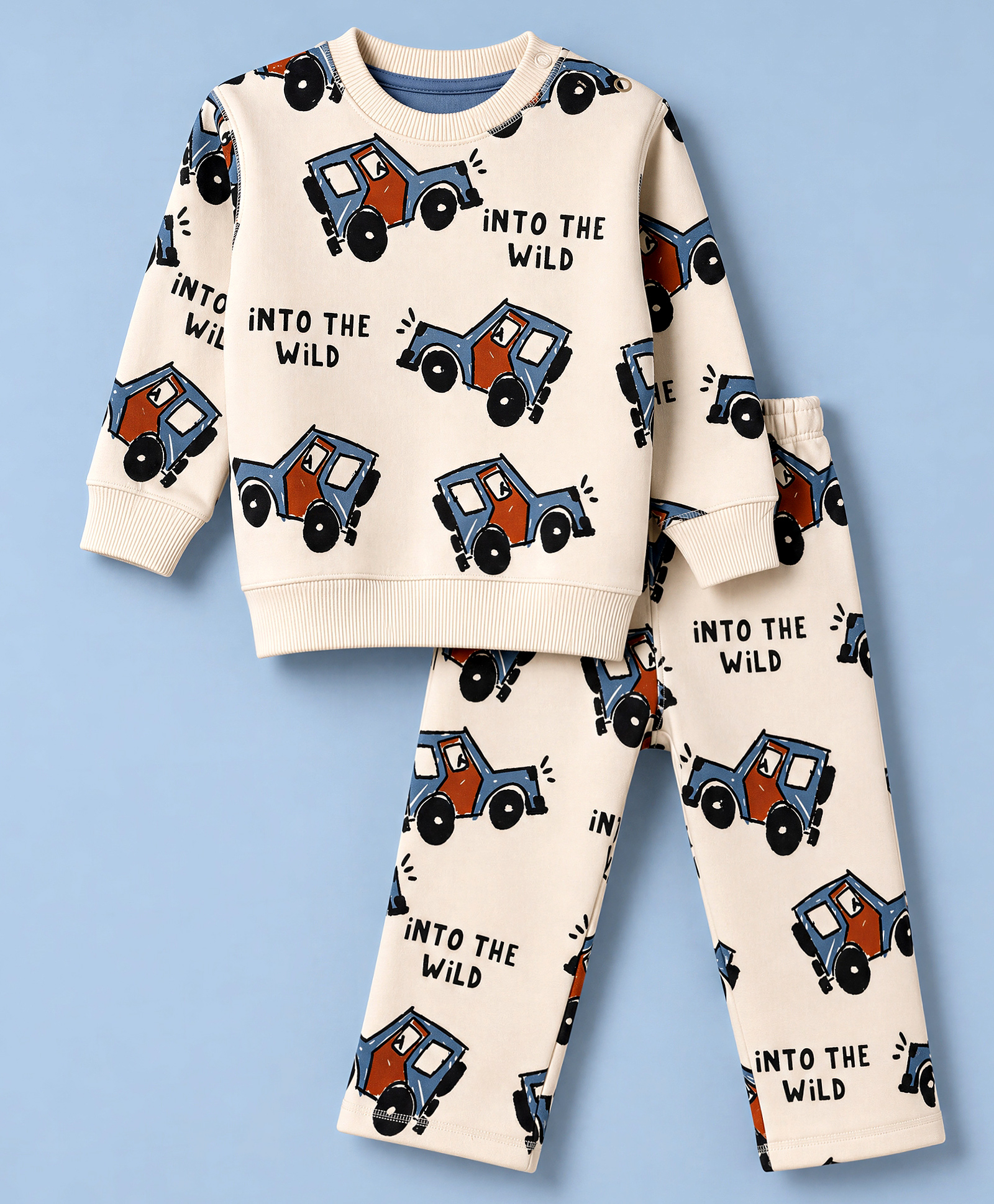 Doreme Fleece Knit Full Sleeves Co-Ords Winter Wear T-Shirt & Joggers Set with Car Print - Cream-picture-19