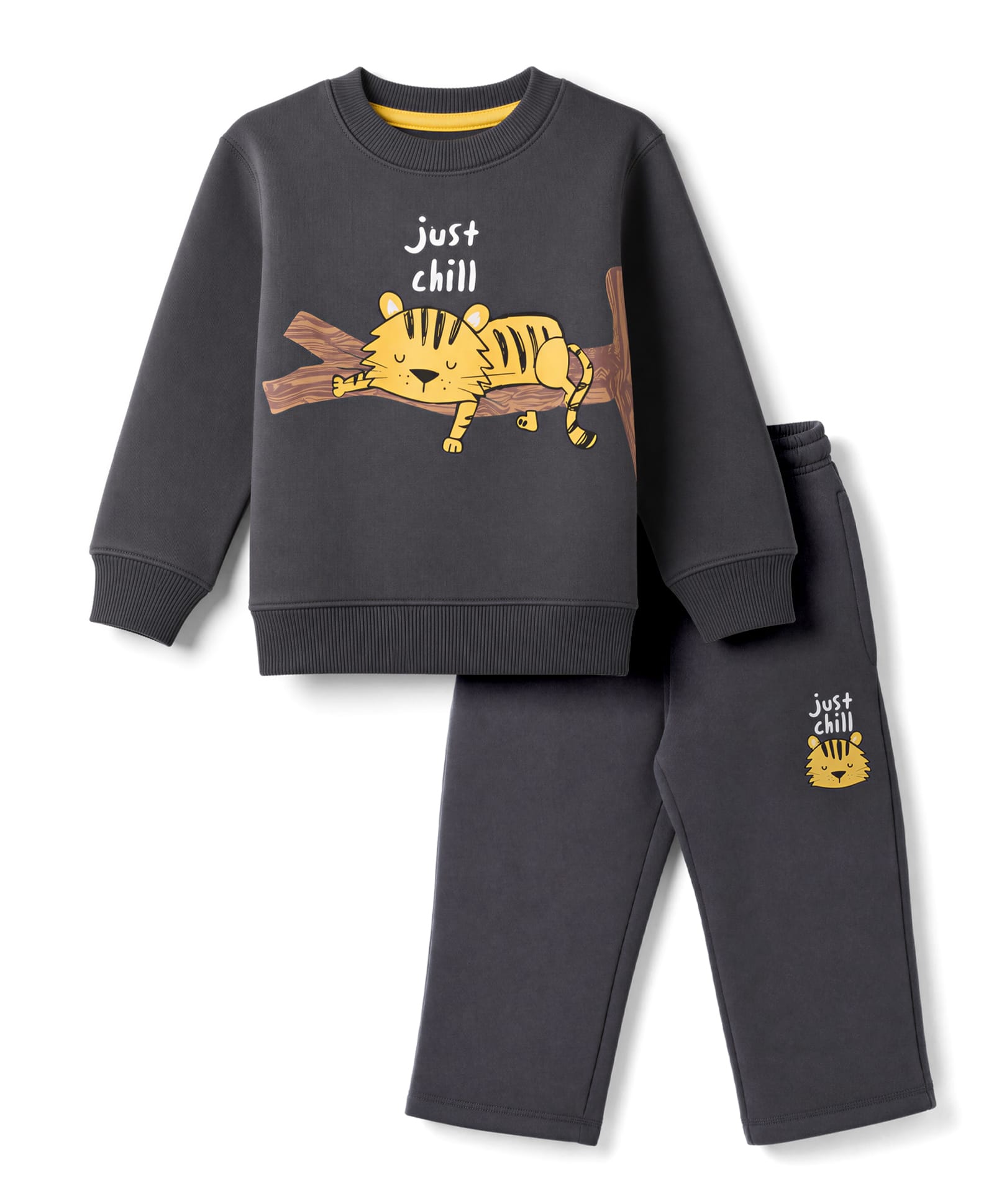 Doreme Fleece Knitted Full Sleeves Winter Wear T-Shirt & Joggers Set with Tiger Print - Grey-picture-23