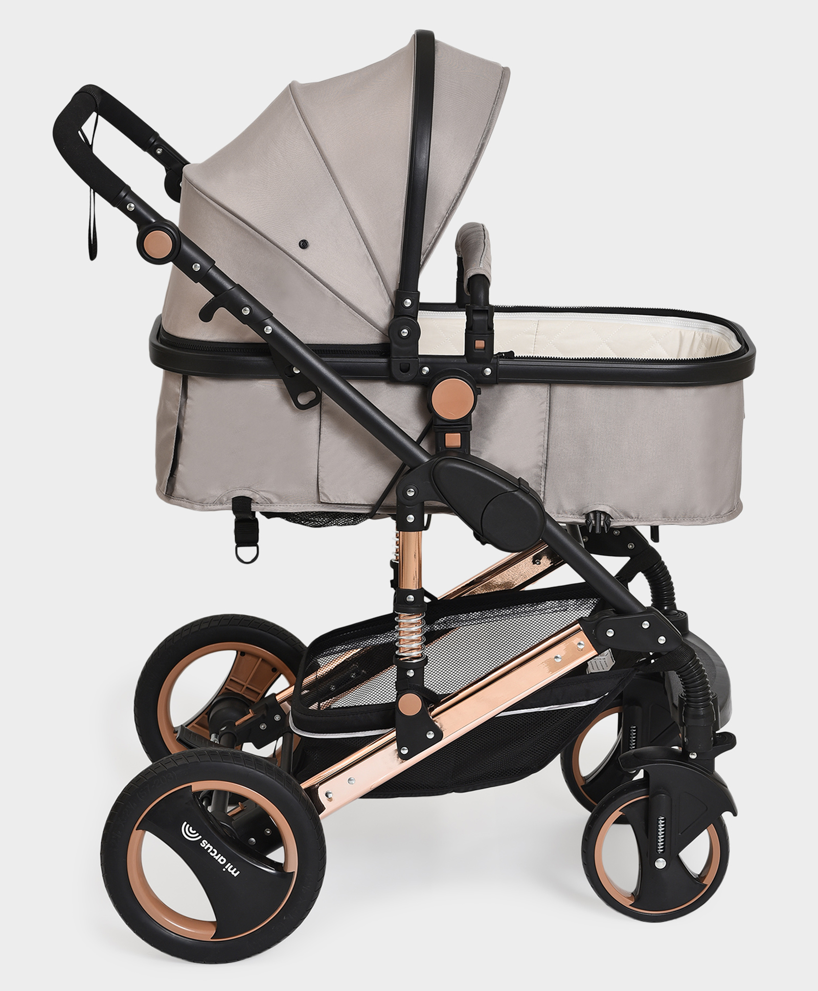 Mi Arcus 2-in-1 Baby Stroller & Pram with Convertible Bassinet, Shock Absorber Wheels & Storage Basket- Beige-picture-12