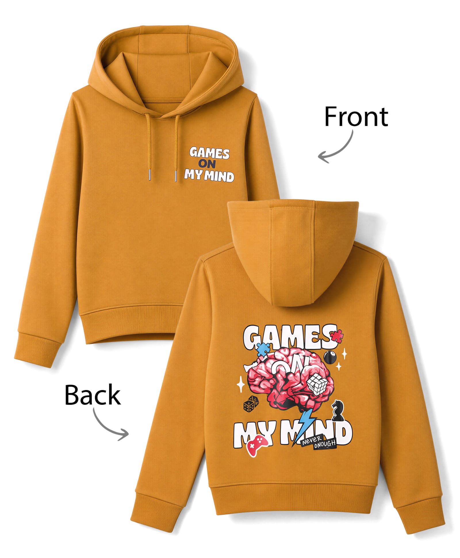 Taeko Fleece Knit Hoodies with Full Sleeves and Games On My Mind Print in Golden for 7-8 Years-picture-10
