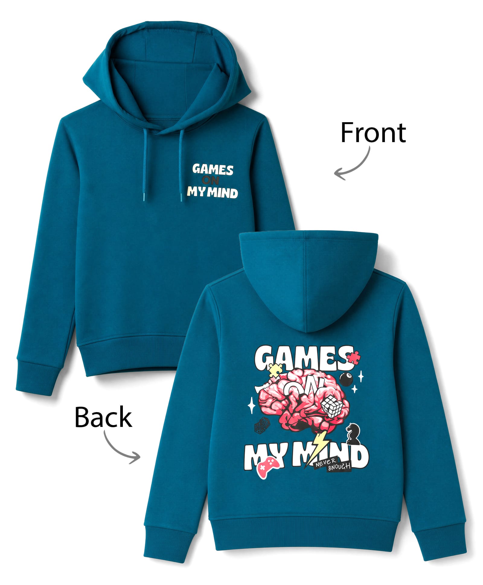 Taeko Fleece Knit Hoodies with Full Sleeves and Games On My Mind Print in Navy Blue for 7-8 Years-image-1