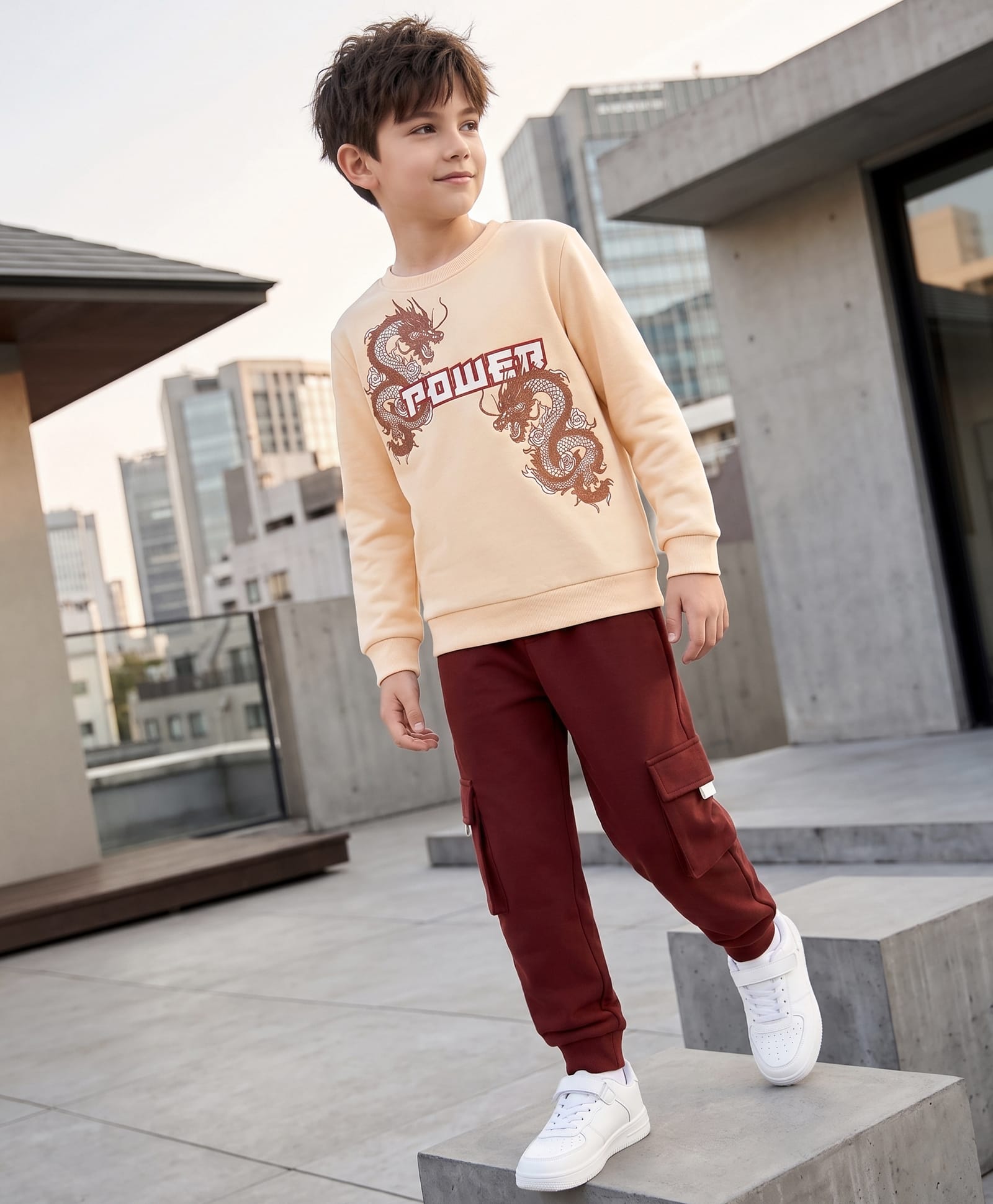 OLLINGTON ST. Looper Knit Full Sleeves Winter Wear Sweatshirt & Joggers Set With Power Text Print - Off White & Brown-picture-9