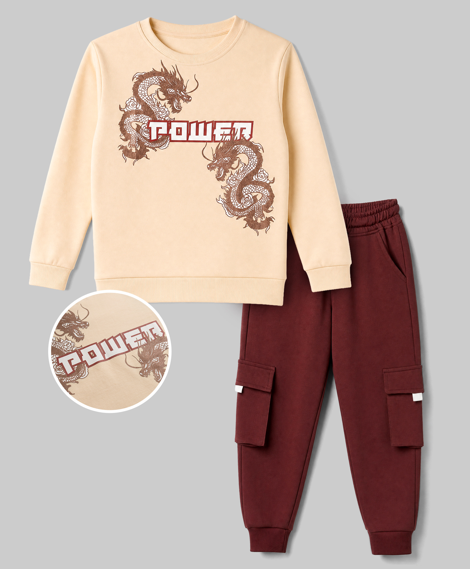 OLLINGTON ST. Looper Knit Full Sleeves Winter Wear Sweatshirt & Joggers Set With Power Text Print - Off White & Brown-picture-24