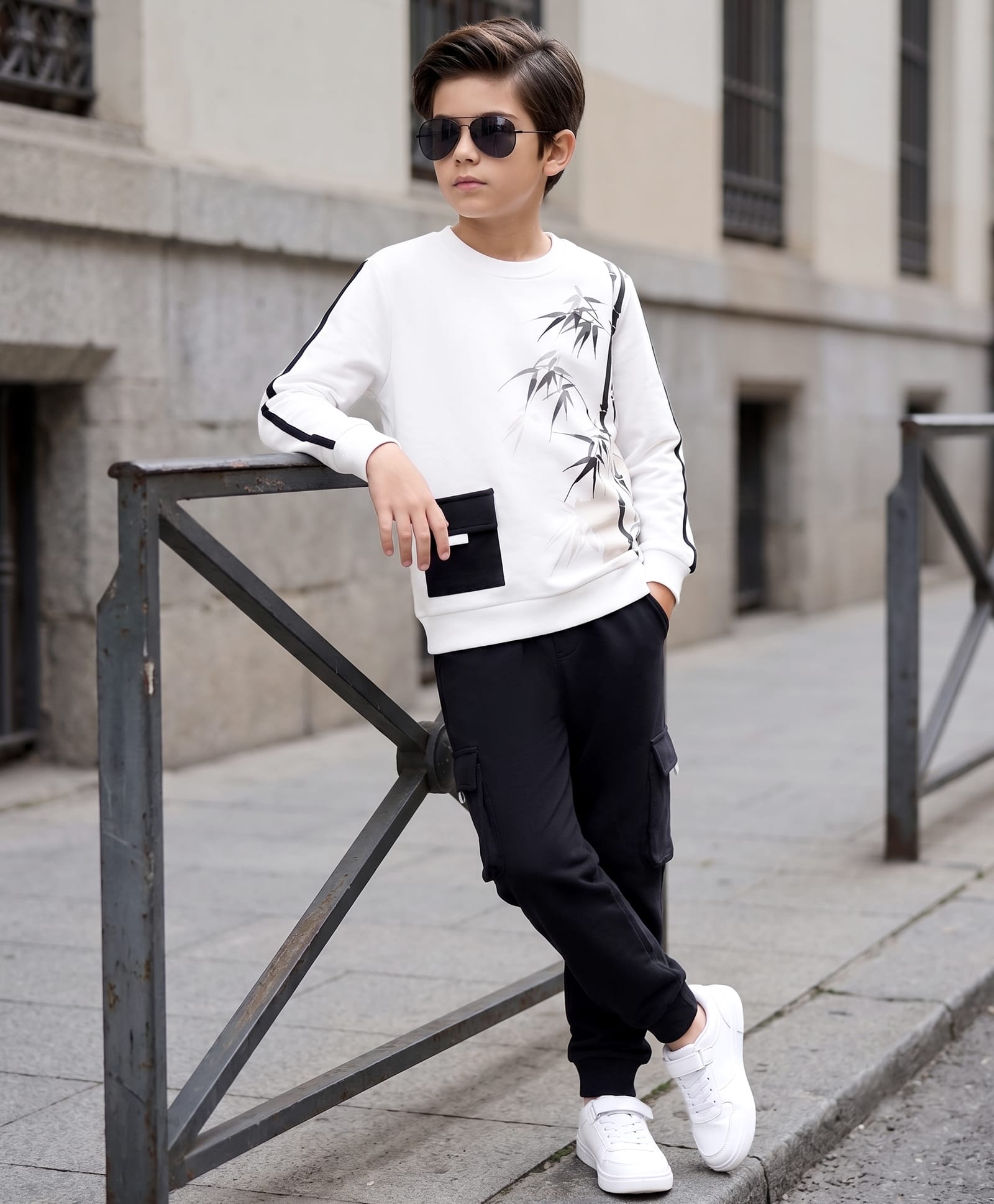 OLLINGTON ST. Cotton Knit Winterwear Suit Full Sleeves Sweatshirts With Bamboo Tree Print & Knit Joggers Set - White & Black-image-15