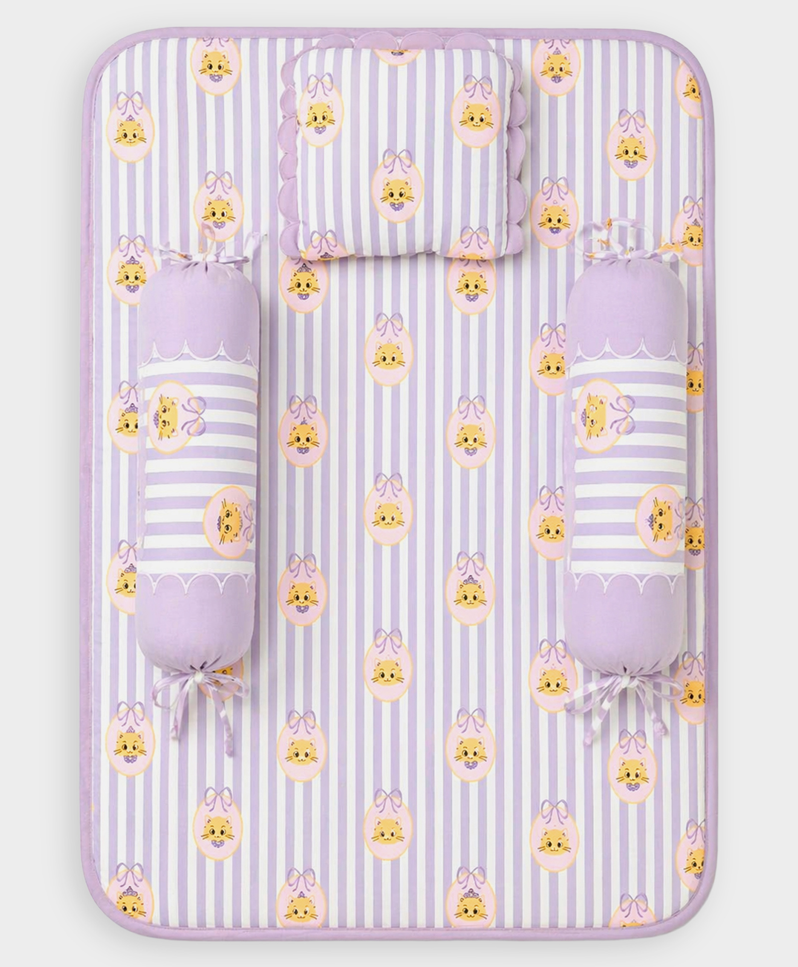 Mi Arcus Cat Print & Striper Bolsters, Head Pillow & Soft Mattress, Comfortable Baby Bedding Set- Lavender-image-48
