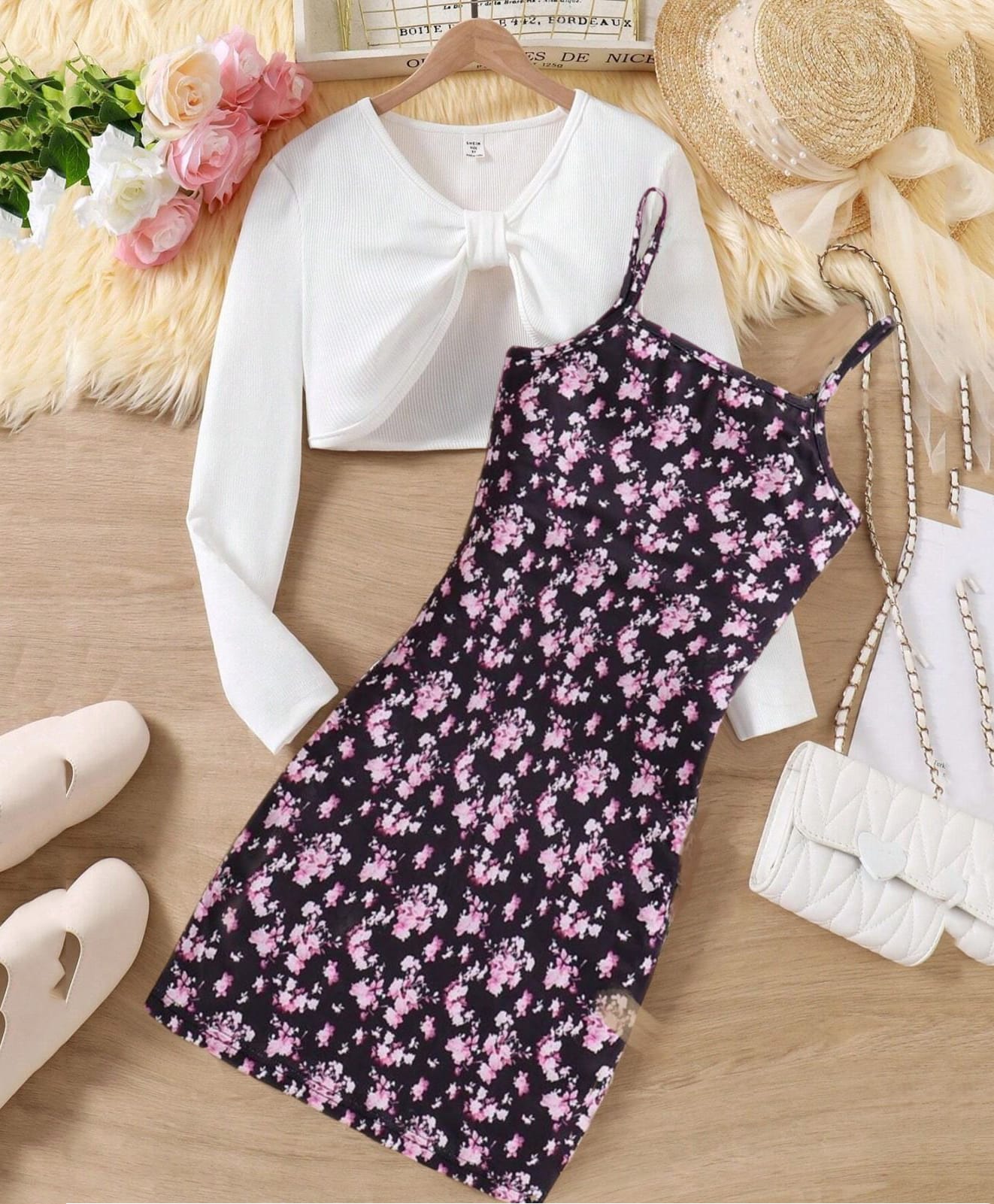 STH Knitted Floral Printed Dress With Full Sleeves Solid Shrug - Black-image-3