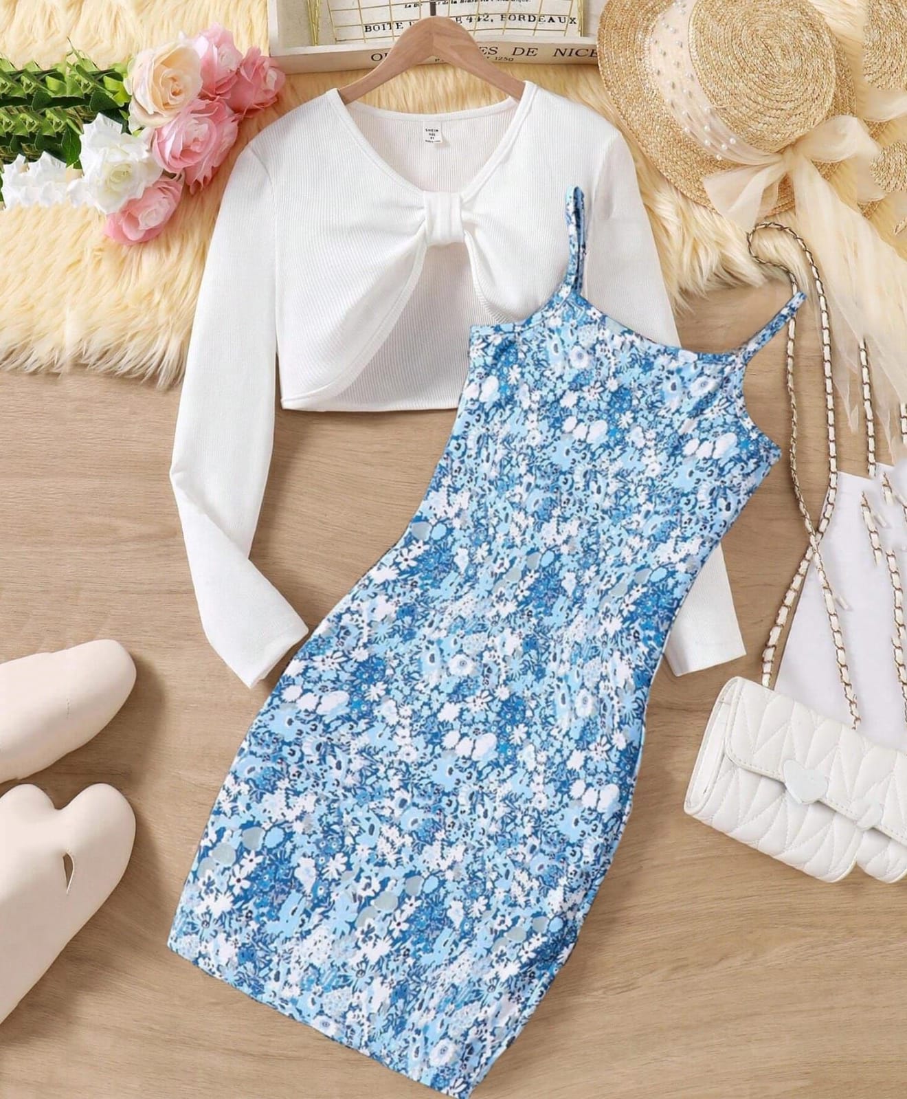 STH Knitted Floral Printed Dress With Full Sleeves Solid Shrug - Light Blue-image-3