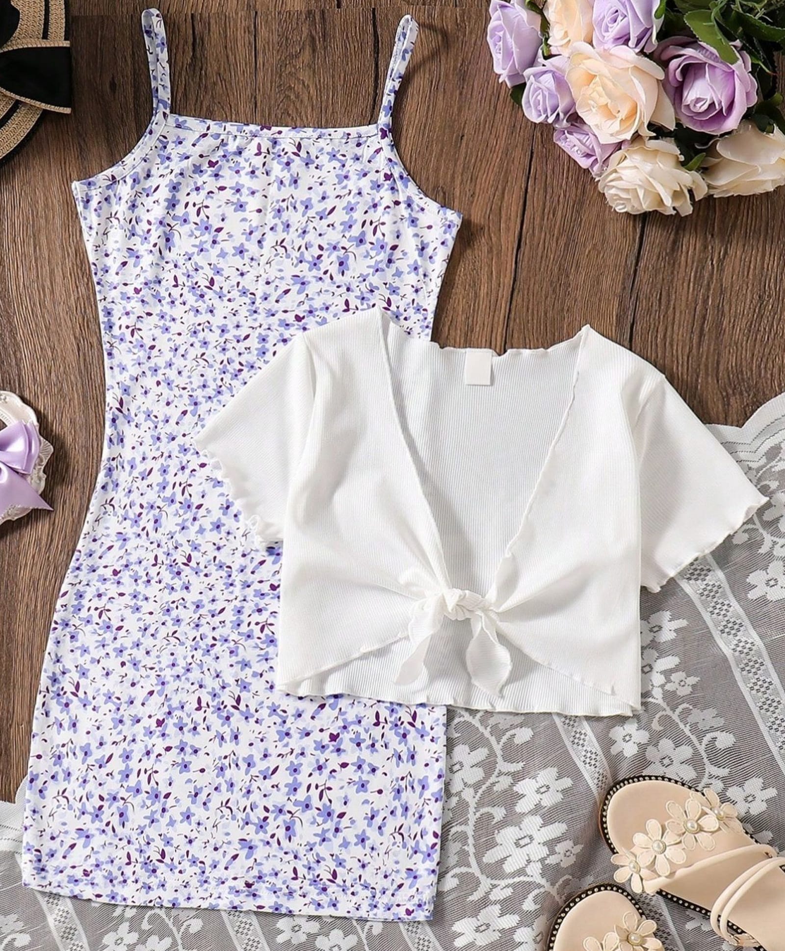 STH Knitted Floral Printed Dress With Half Sleeves Solid Shrug - Purple-image-4