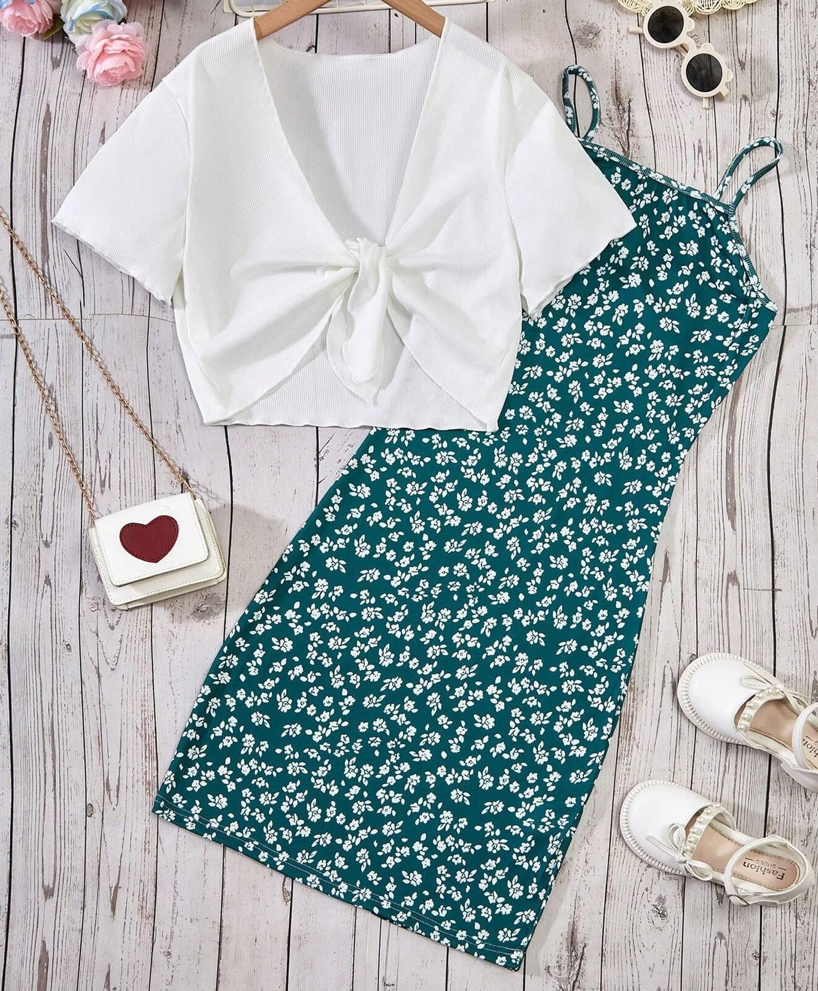 STH Knitted Floral Printed Dress With Half Sleeves Solid Shrug - Teal Green-image-12