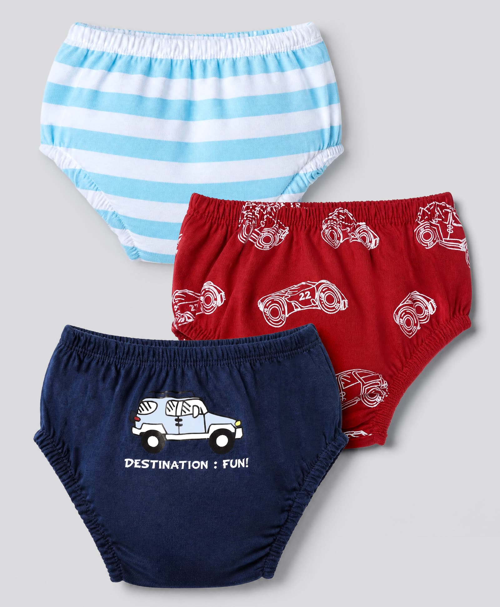 Doodle Poodle 100% Cotton Single Jersey Knit Striped Briefs with Vehicle Print Pack Of 3 - Red White Navy Blue-picture-47