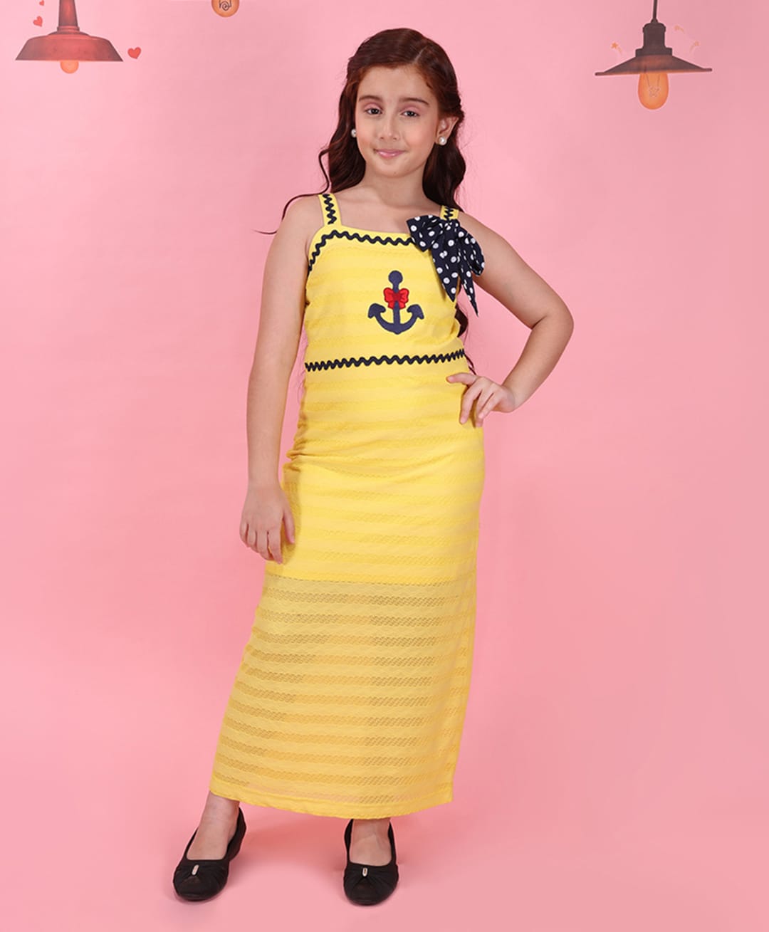Cutecumber Cotton Knit Sleeveless Ric Rac Lace Embellished Bow Applique Detailed & Anchor Embroidered Dress - Yellow-image-48