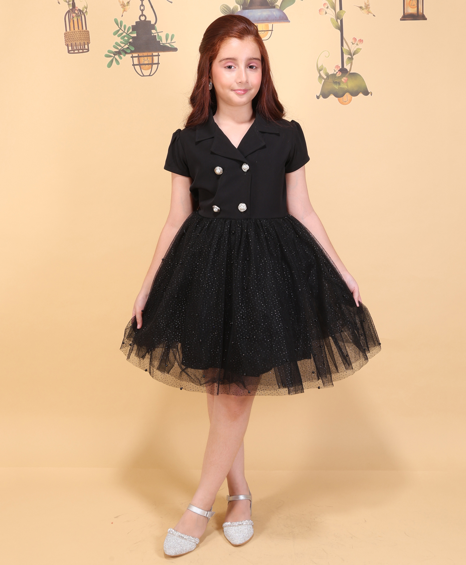 Cutecumber Net Woven Half Sleeves Striped Foil Printed Glitter Detailed Dress - Black-image-33