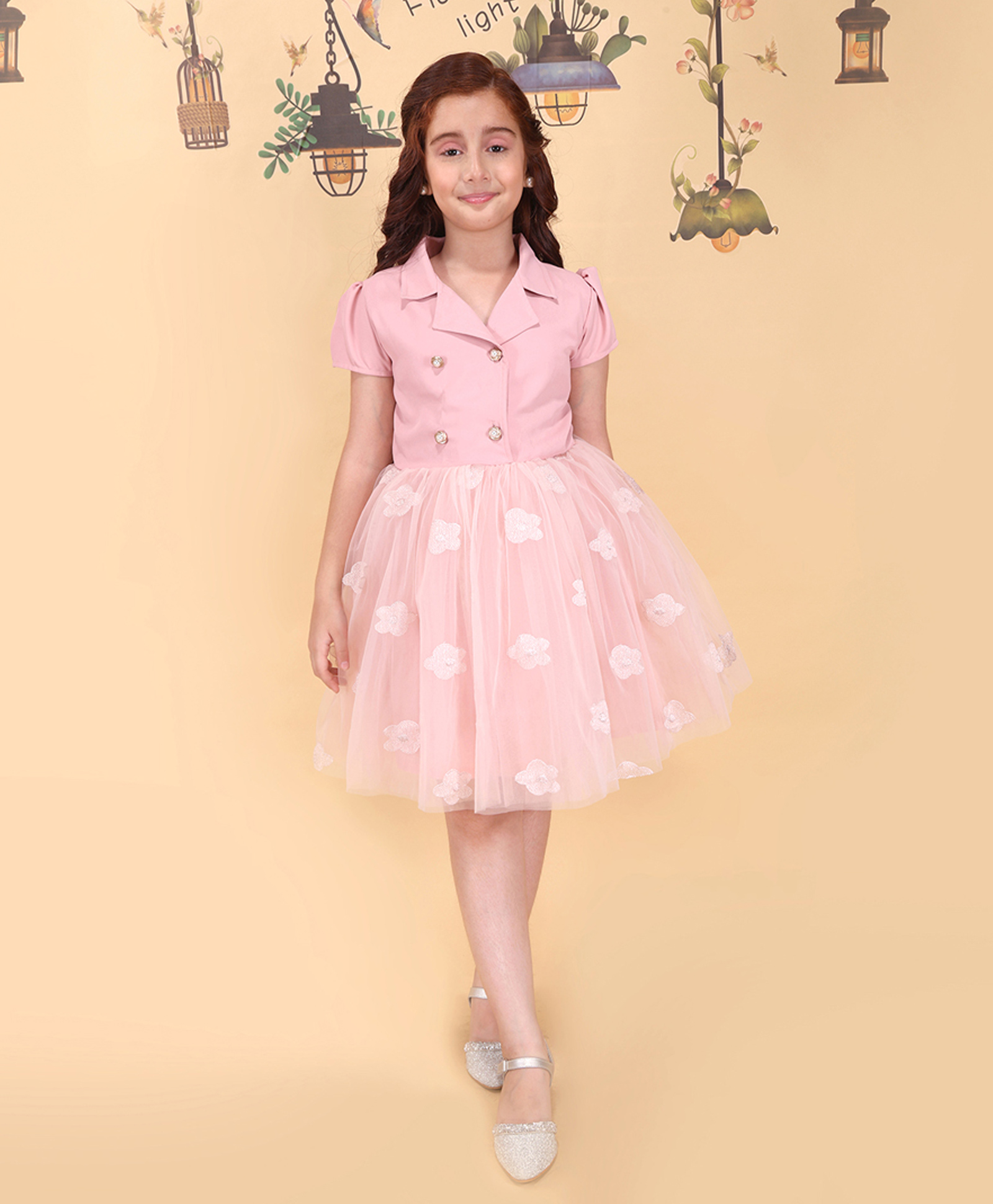 Cutecumber Net Woven Half Sleeves Floral Patch Detailed Detailed Dress - Dusty Pink-image-47