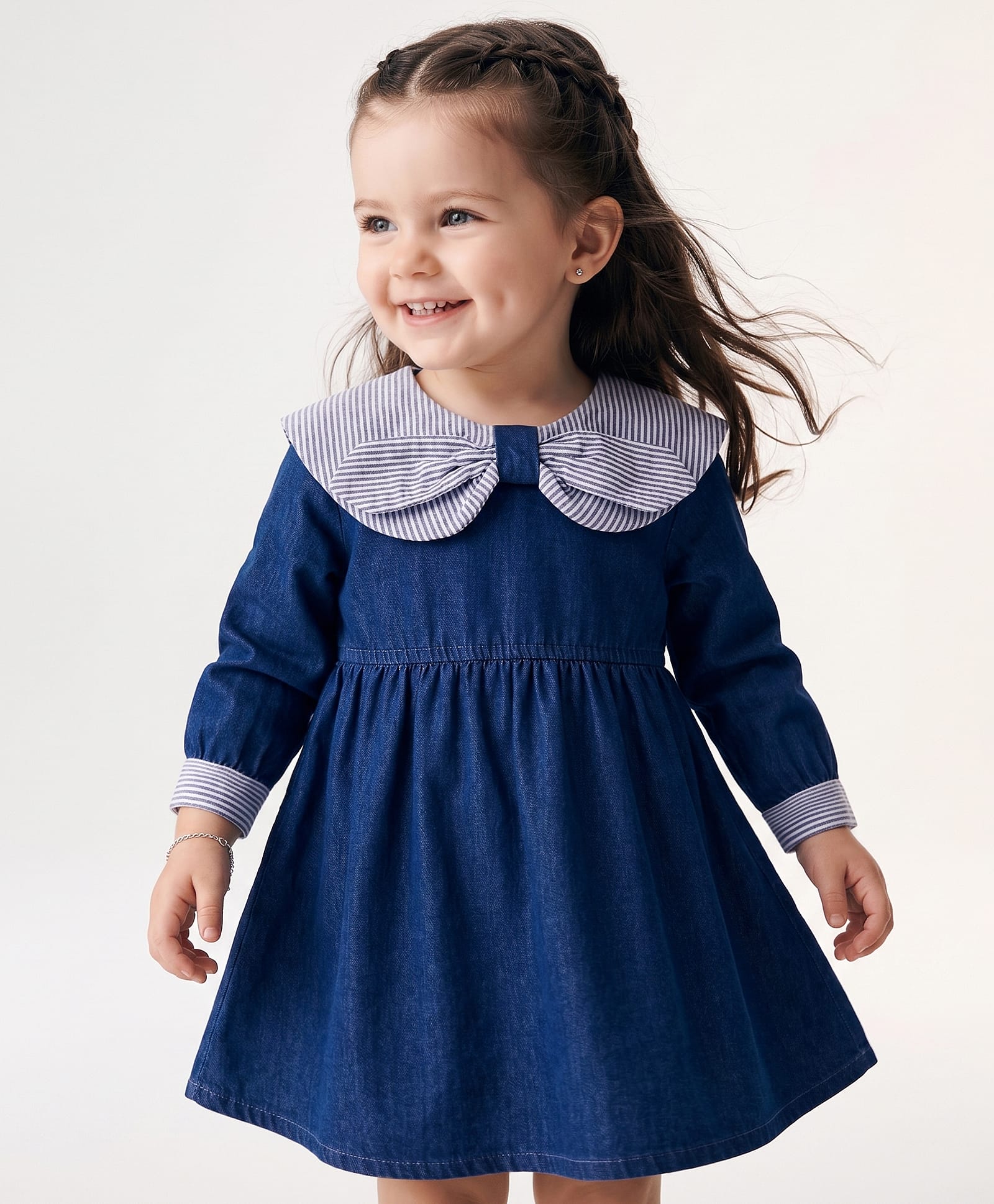 Babyoye 100 % Cotton Woven Full Sleeves Dress with Striped Peter Pan Collar - Blue-image-11