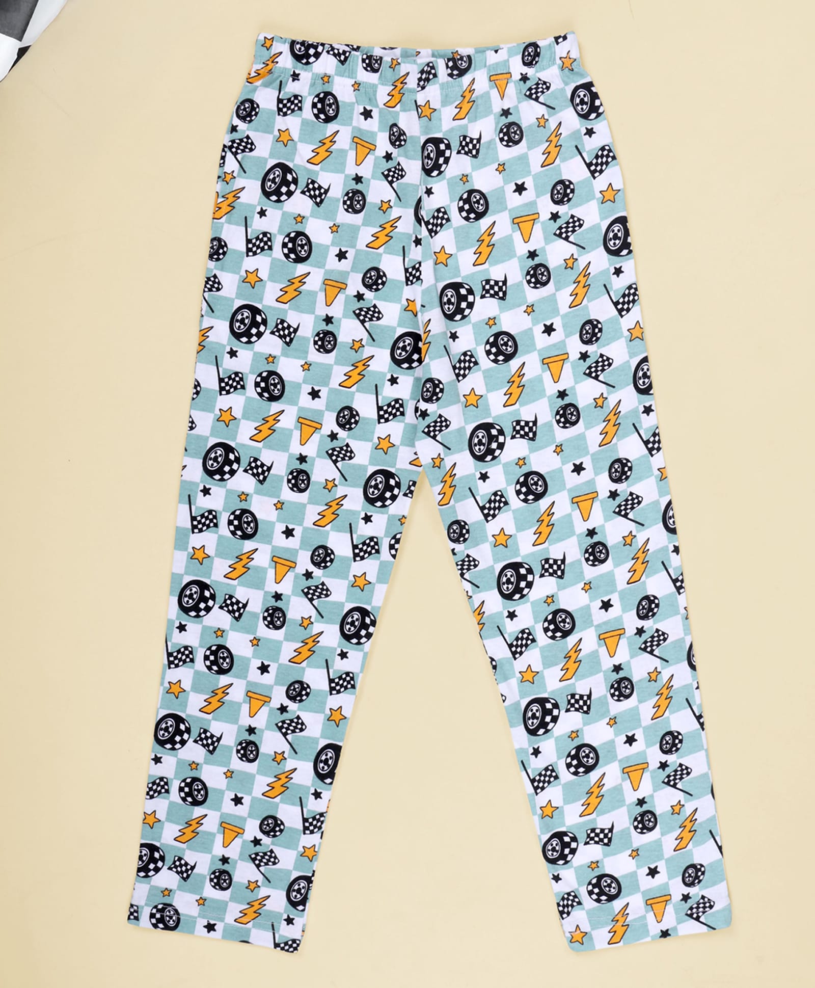 Kiddopanti Cotton Knit Checked & Racing Theme Printed Pajama - Light green-image-40