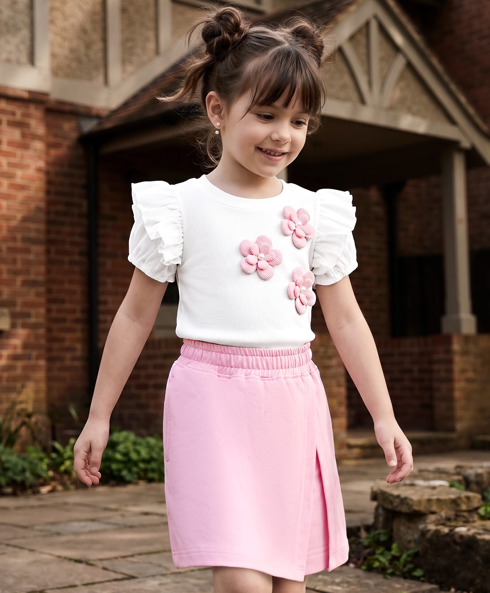 OLLINGTON ST. Sinker Knit Half Sleeves Top & Knit Skort Set With Floral Applique - White & Pink-image-7