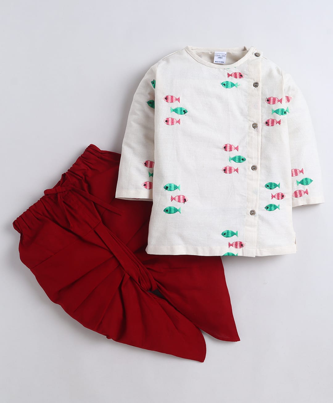 Polka Tots Cotton Woven Full Sleeves Fishes Embroidered Angarakha Dhoti Kurta Set - White & Red-picture-21