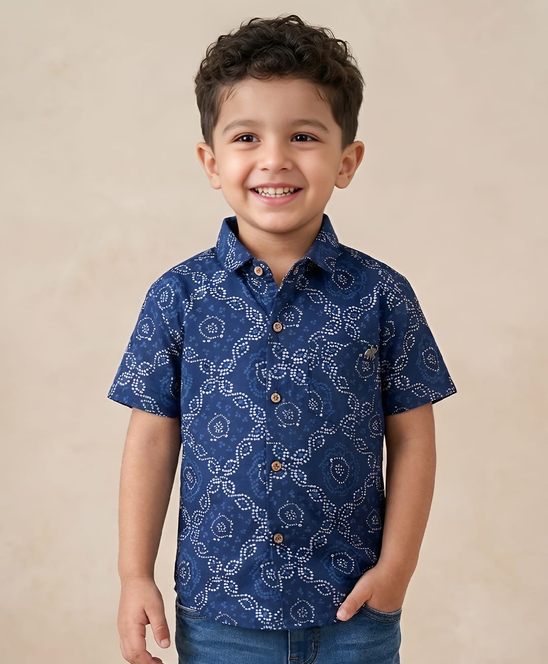 Polka Tots Cotton Woven Half Sleeve Bandhani Printed Shirt - Royal Blue-picture-29
