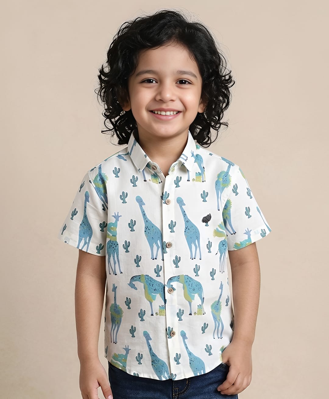 Polka Tots Cotton Woven Half Sleeves Giraffe Printed Shirt - Aqua Blue-picture-12