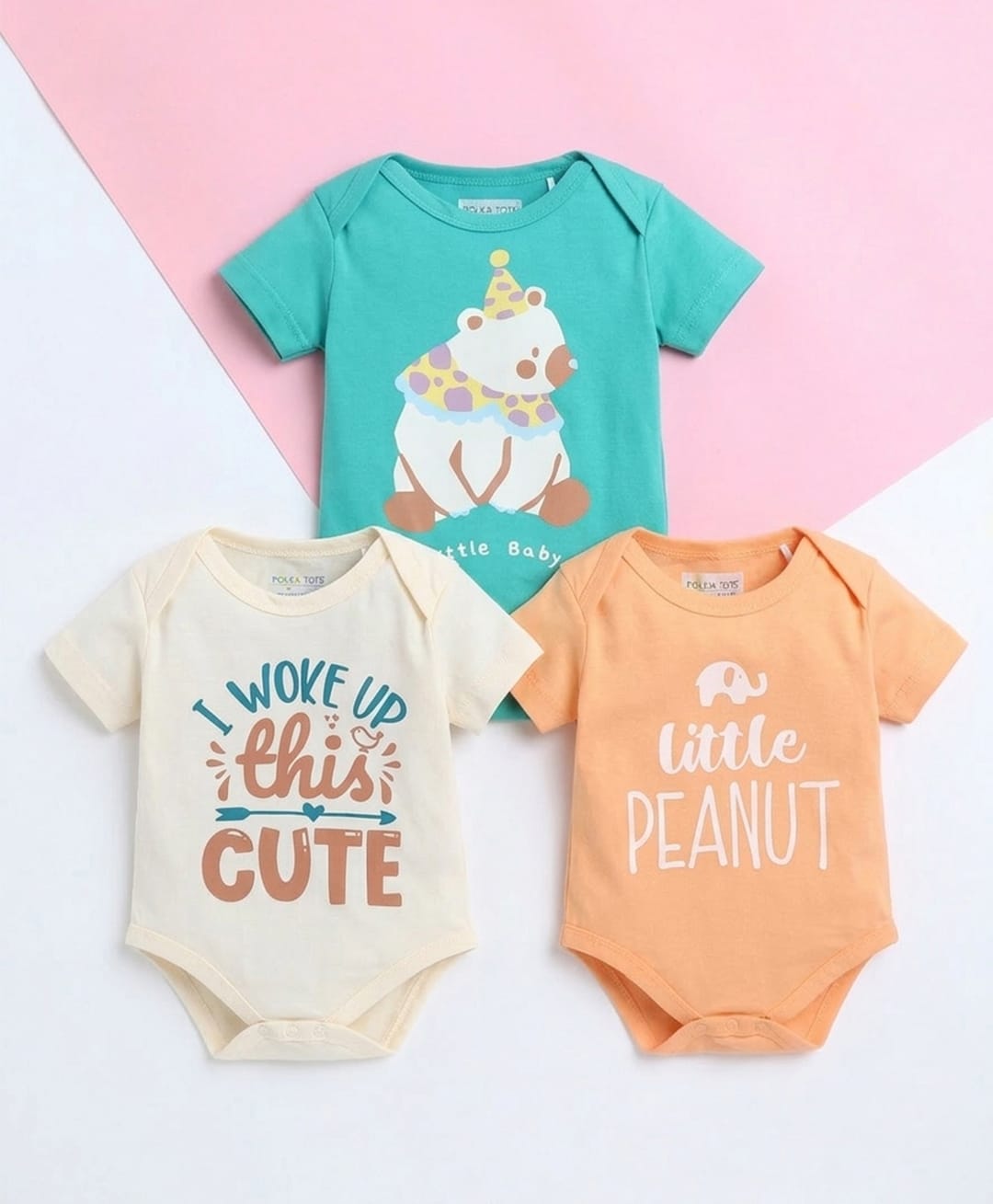 Polka Tots Cotton Woven Pack Of 3 Half Sleeves Bear & Elephant Printed Onesies - Multi Colour-picture-39
