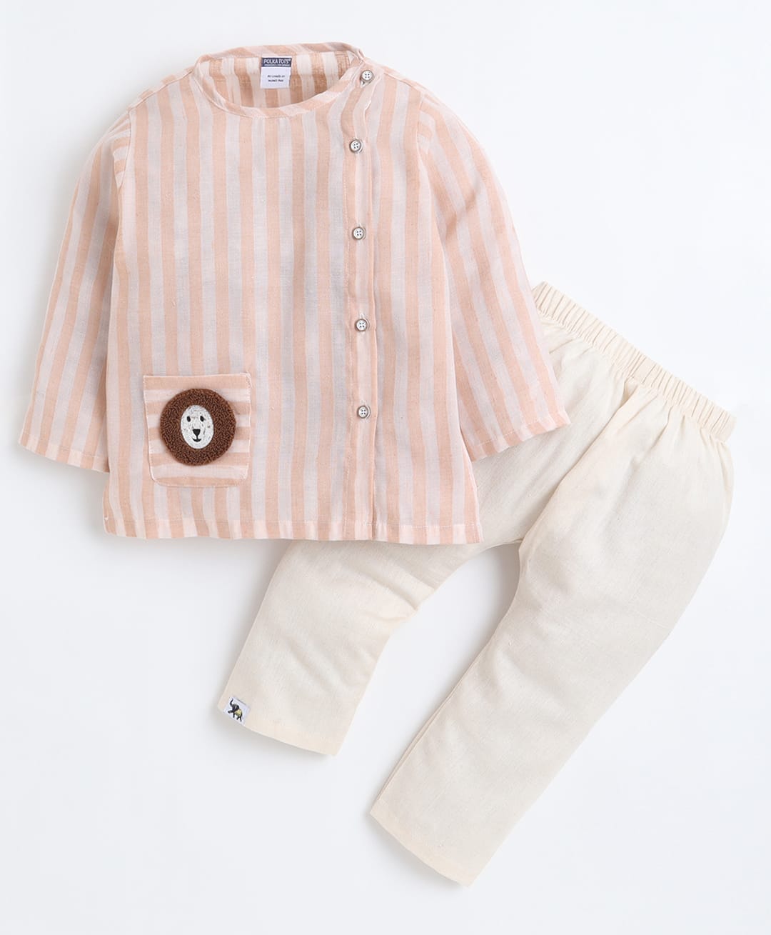Polka Tots Cotton Woven Sleeveless Striped & Lion Applique Detailed Jhabla & Pant Set - Light Peach & Off White-image-49