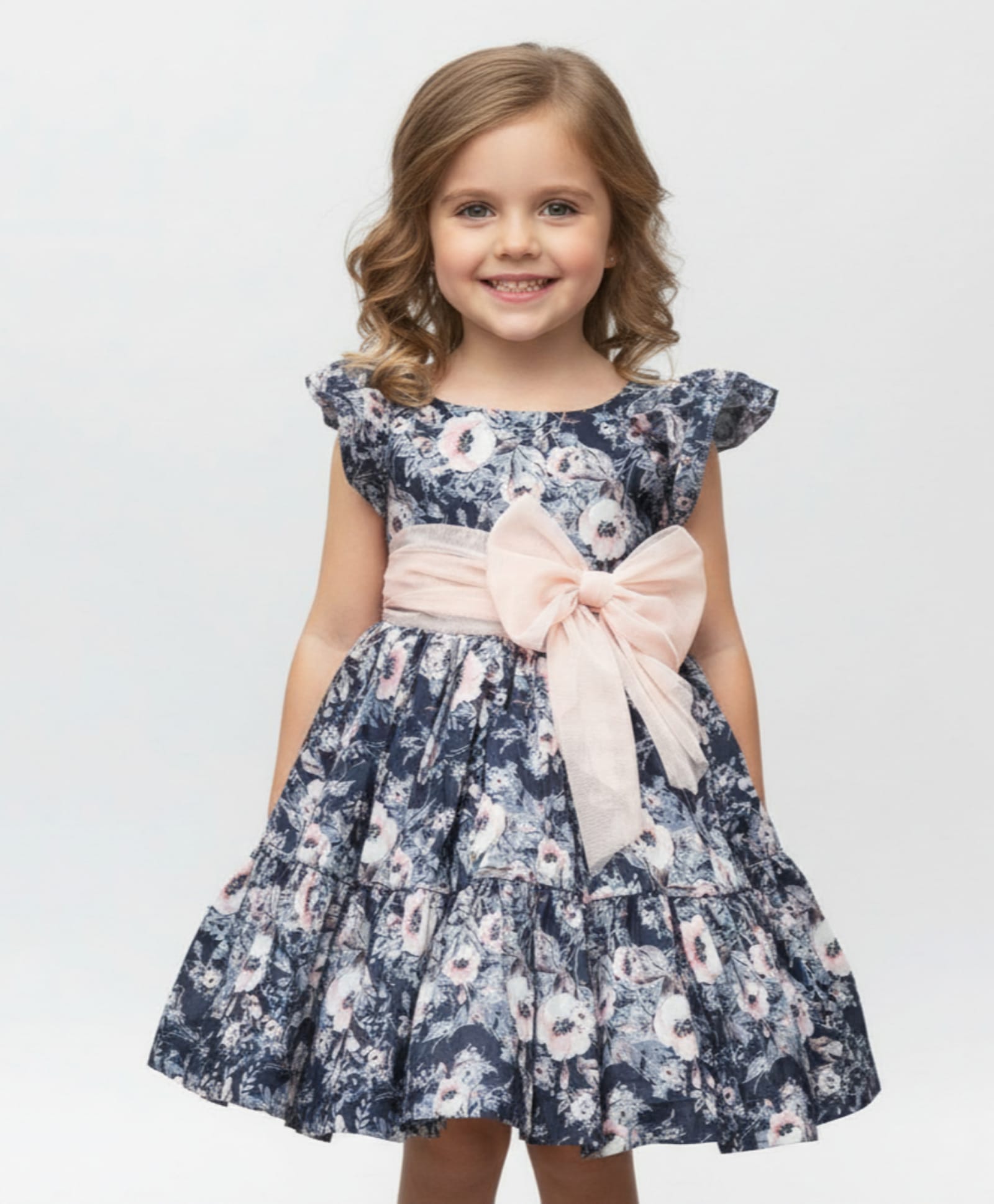 The Kids Club Cotton Blend Woven Half Flutter Sleeves Floral Printed & Bow Applique Detailed Dress - Blue-picture-41
