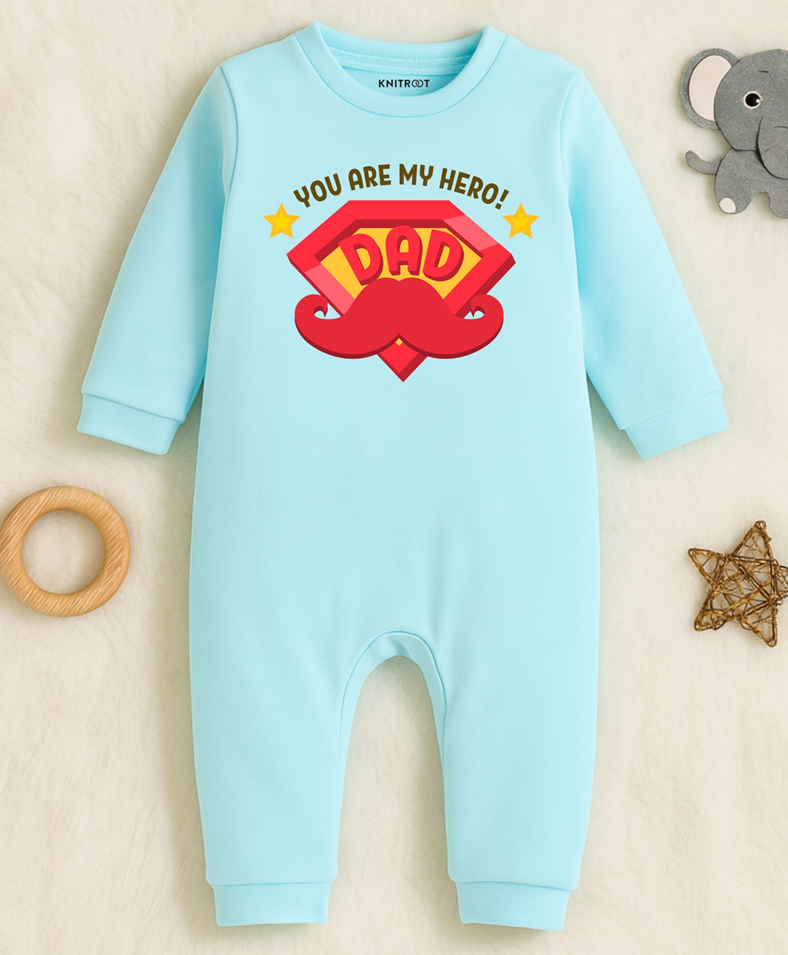 KNITROOT Cotton Knit Fathers Day Theme Full Sleeves You Are My Hero Dad Text Printed Romper - Blue-image-6
