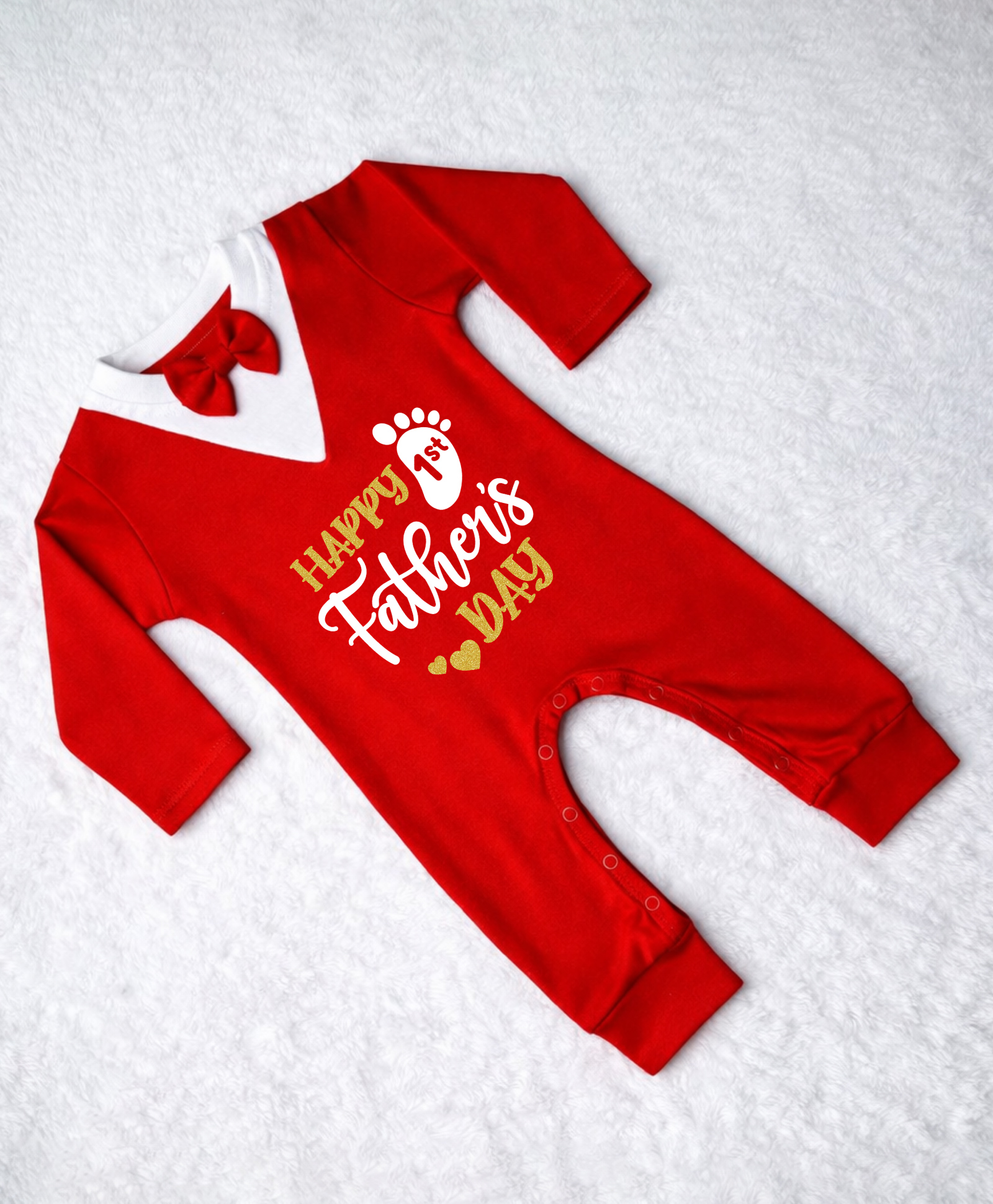 KNITROOT Cotton Knit Fathers Day Theme Full Sleeves Happy 1st Father's Day Text Printed Bow Applique Detailed Romper - Red & White-picture-23