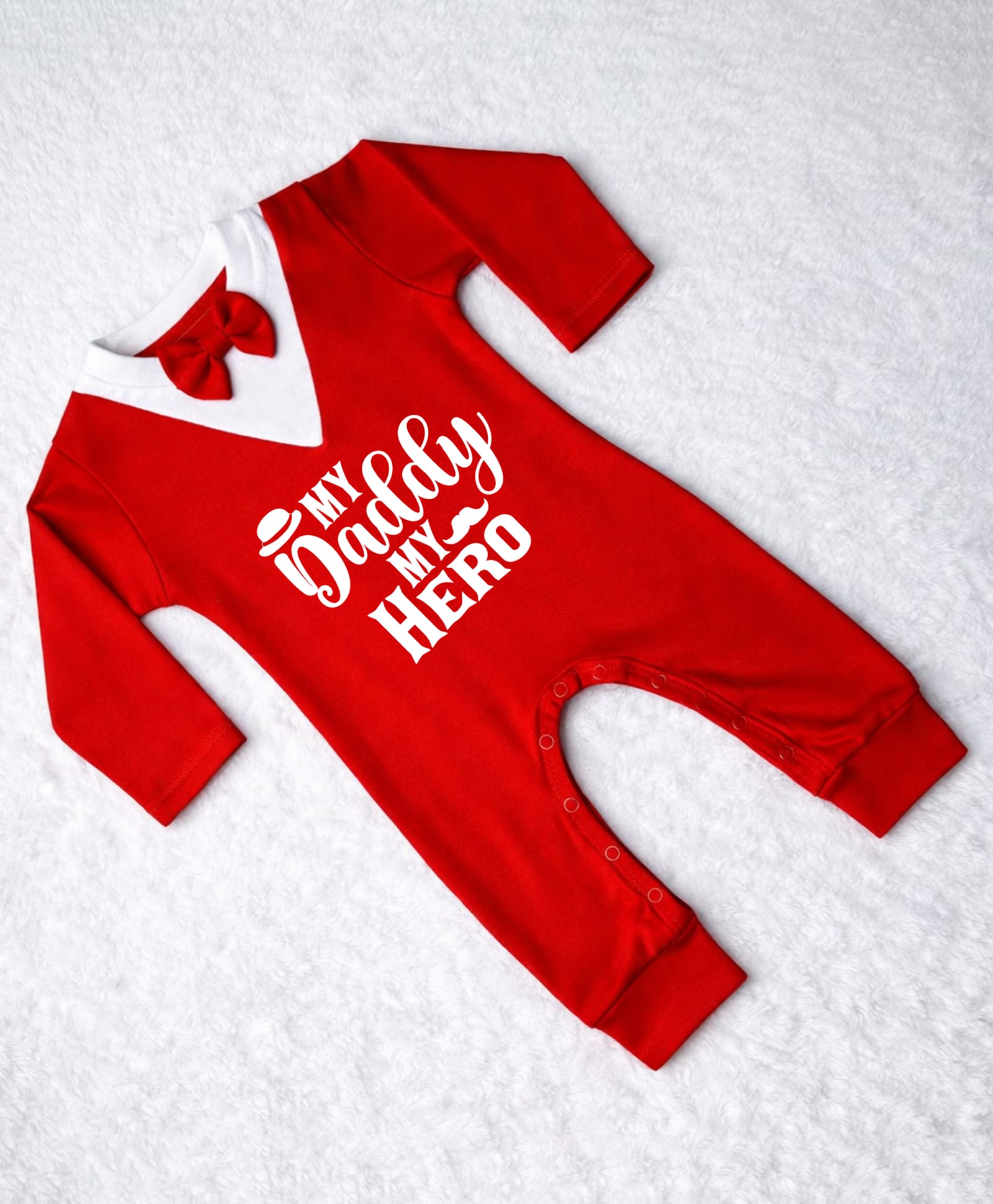 KNITROOT Cotton Knit Fathers Day Theme Full Sleeves My Daddy My Hero Text Printed Bow Applique Detailed Romper - Red & White-image-37