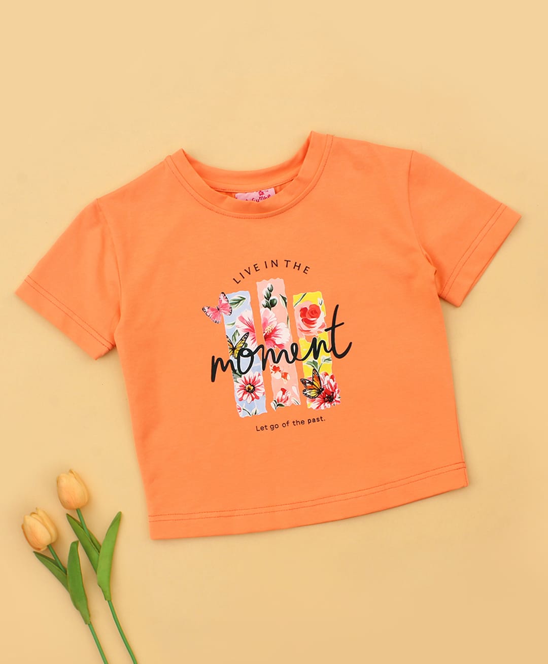 Cutecumber Cotton Knit Half Sleeves Floral & Live In The Moment Text Printed Top - Orange-image-16