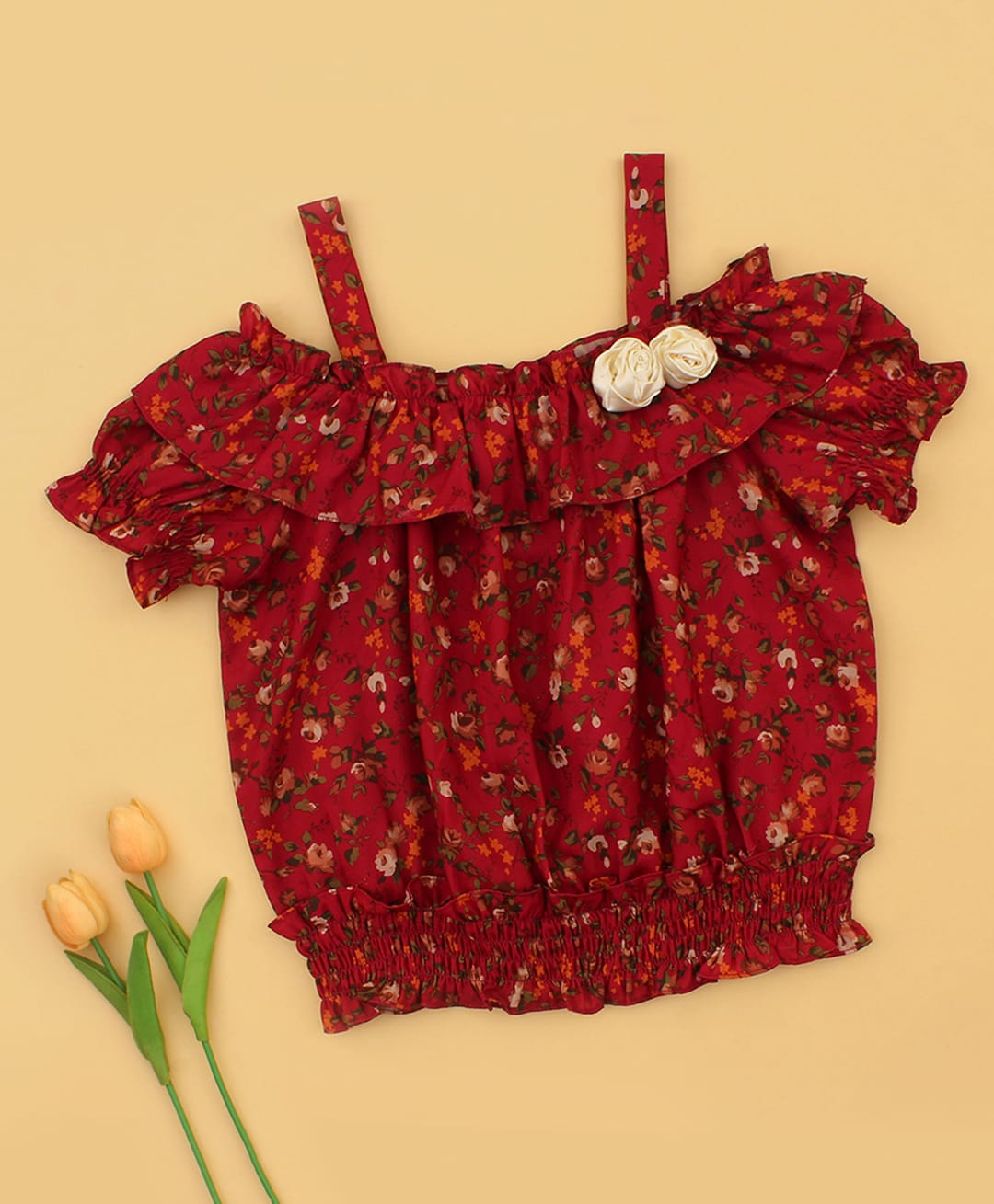 Cutecumber Woven Half Puffed Sleeves Floral Printed & Applique Detailed Top - Maroon-image-13