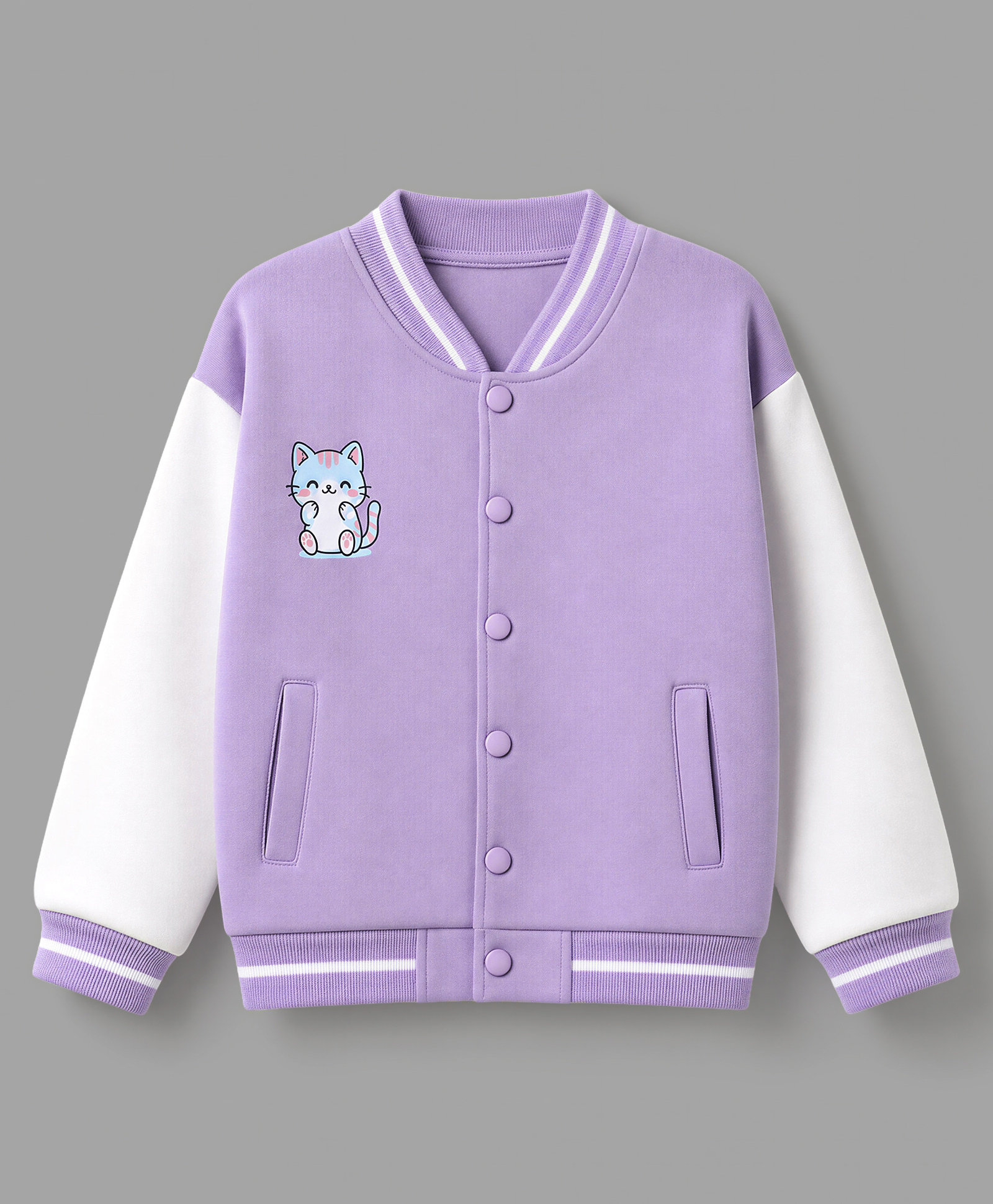 Mark & Mia Fleece Knit Full Sleeves Oversize Bomber Jackets With Cat Graphics Pocket & Tipping Rib Detailing - Lavender-image-16